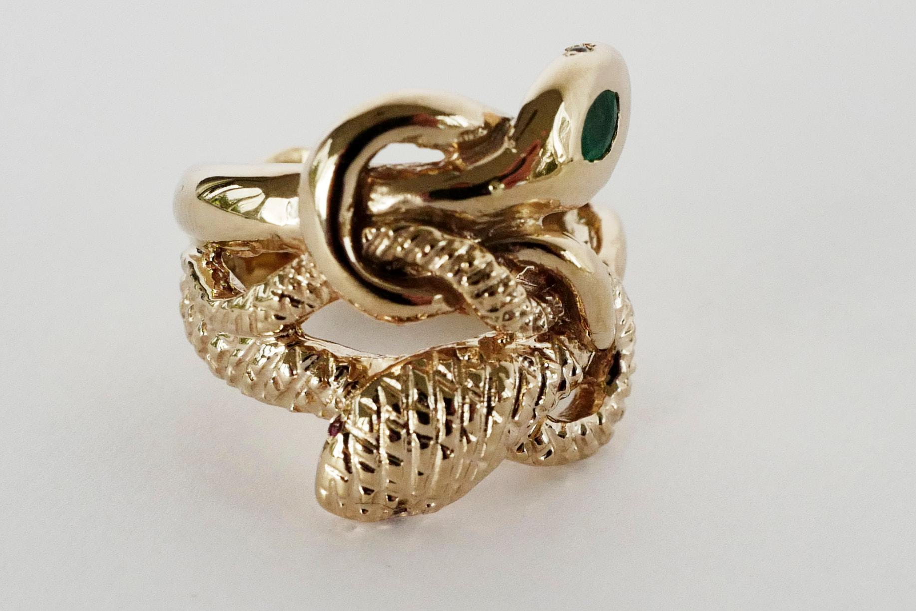 Victorian Emerald White Diamond Snake Ring Ruby eyes Bronze J Dauphin For Sale