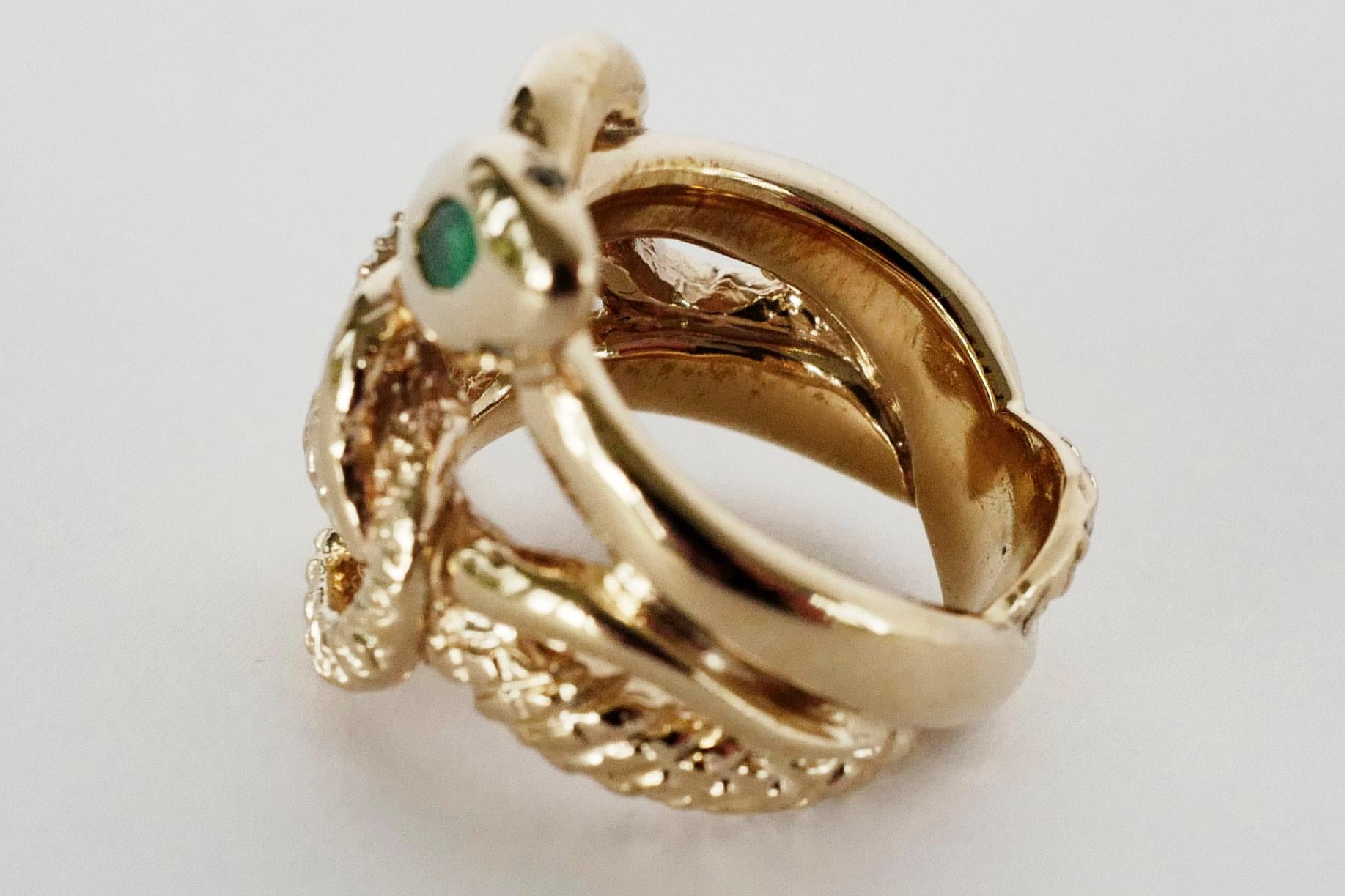Round Cut Emerald White Diamond Snake Ring Ruby eyes Bronze J Dauphin For Sale
