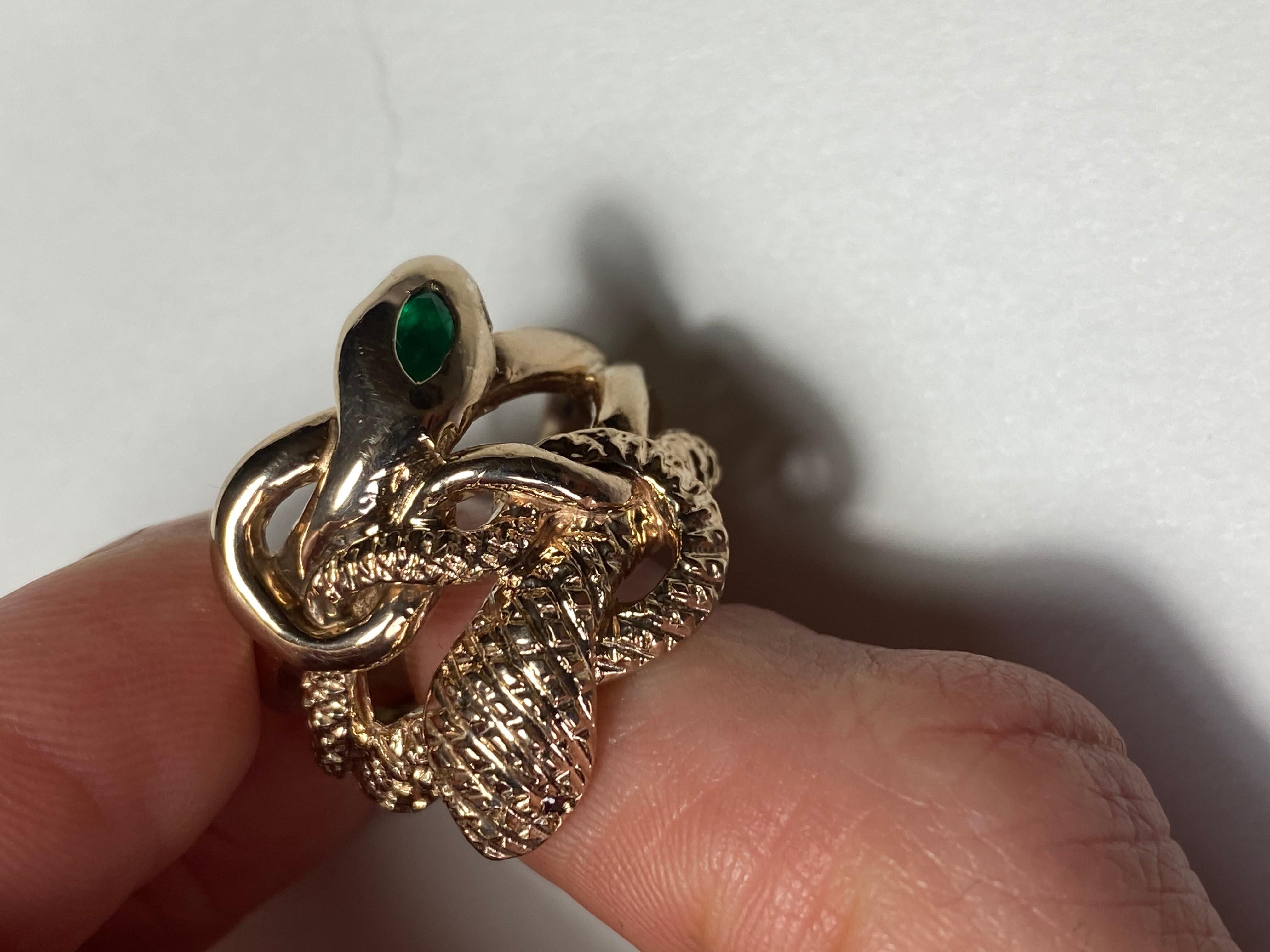 Emerald White Diamond Snake Ring Ruby Eyes Bronze Victorian Style J Dauphin For Sale 6