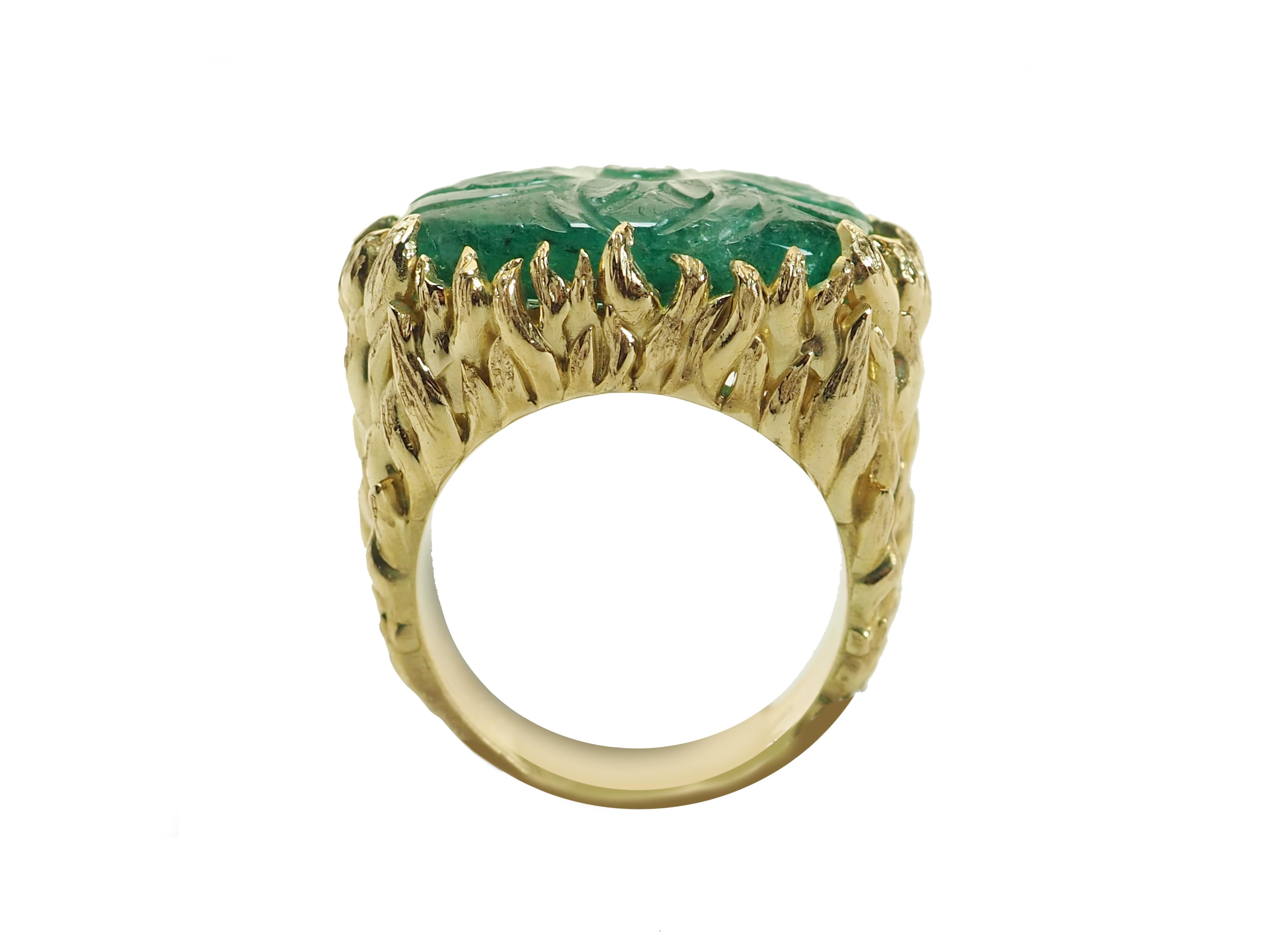 18k Gold  18,30 gr carved flame ring with big square carved  emerald engrave its 2,80.
Size 14 eu.
All Giulia Colussi jewelry is new and has never been previously owned or worn. Each item will arrive at your door beautifully gift wrapped in our