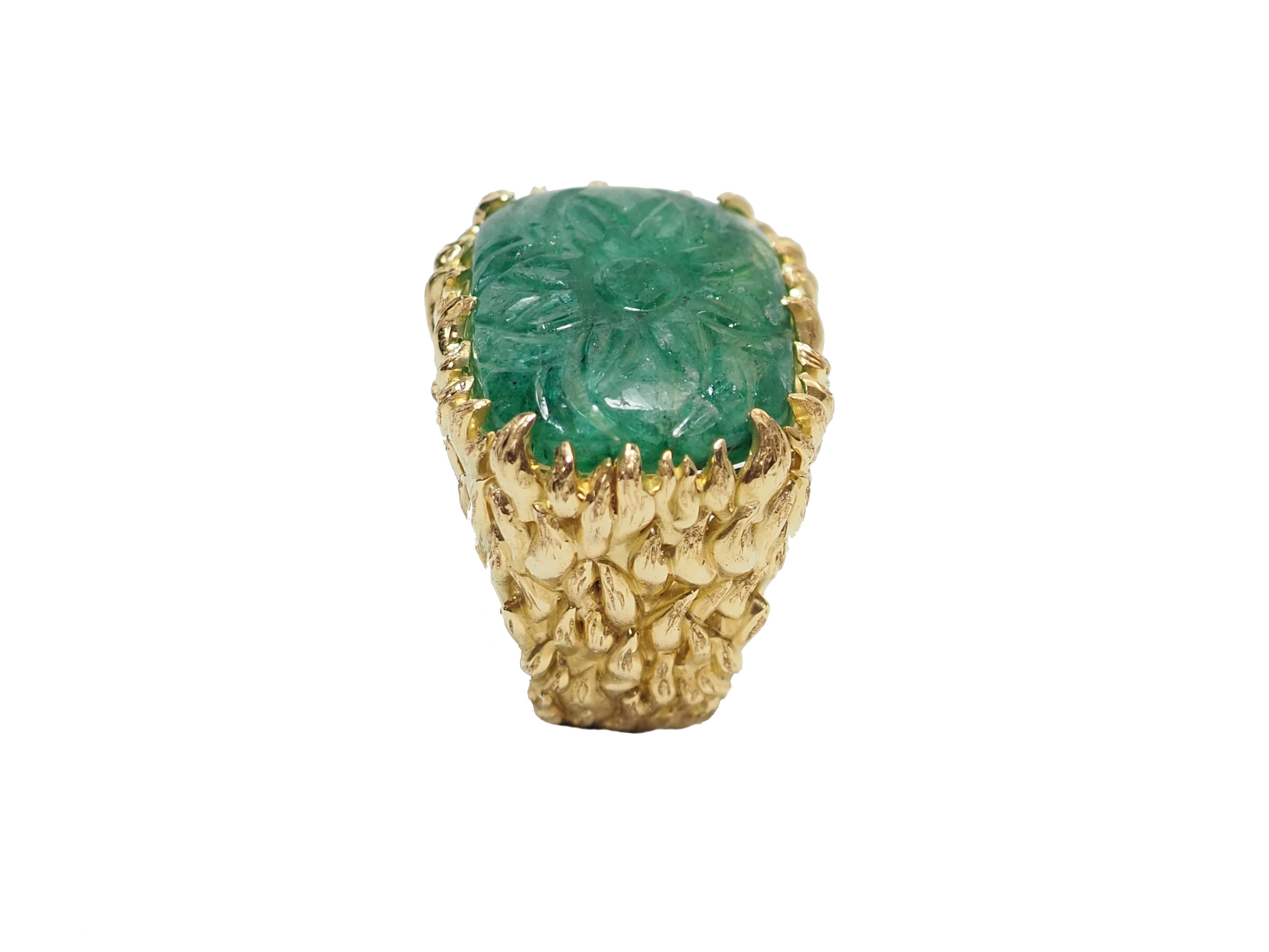 Artisan Emerald Solitaire Gold Ring For Sale