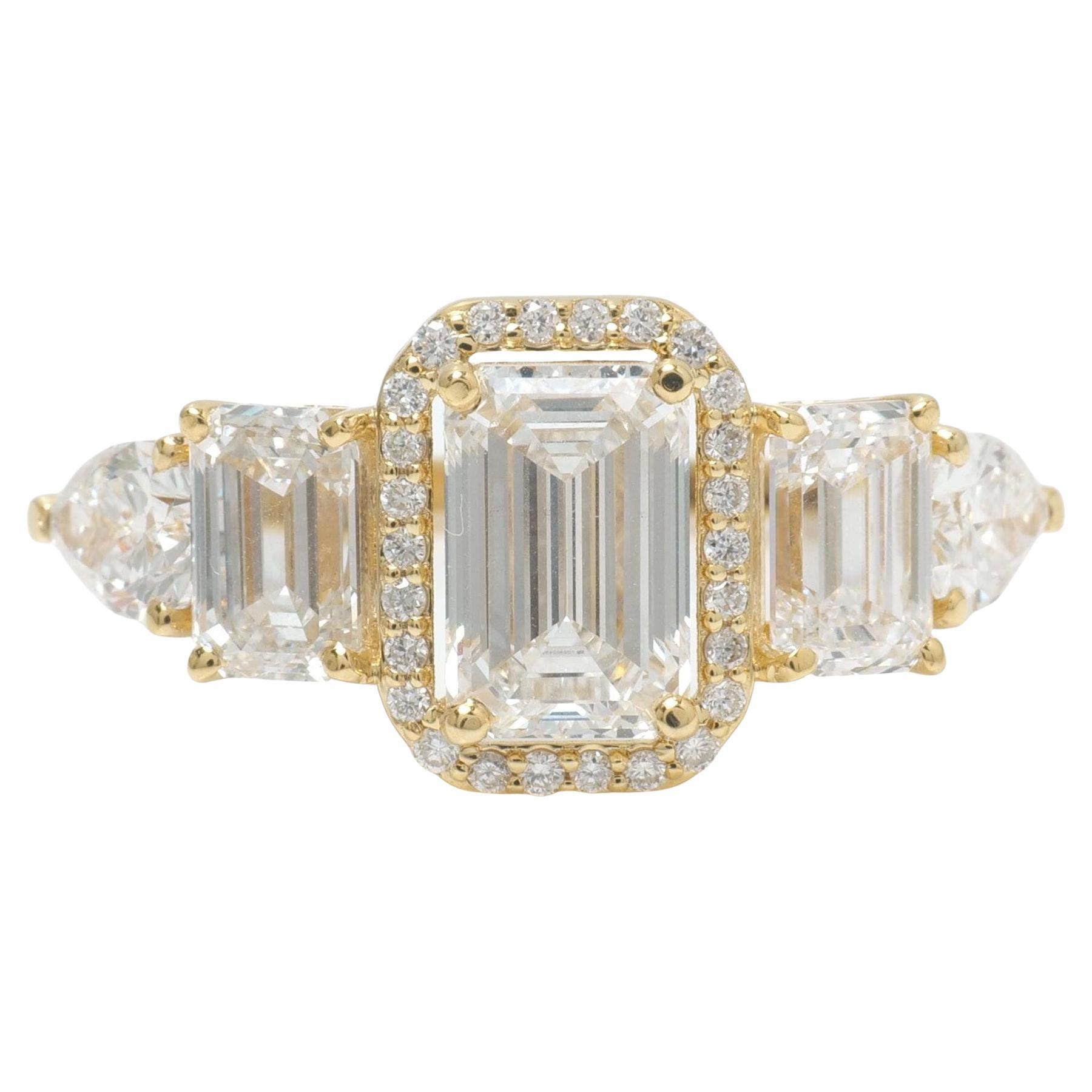 Emerald Solitaire Natural Diamond Halo Bridal Ring in 14K Solid Gold (Certified)