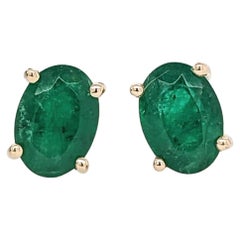 Emerald Solitaire Stud Earrings in Solid 14K Gold Oval 6x4mm