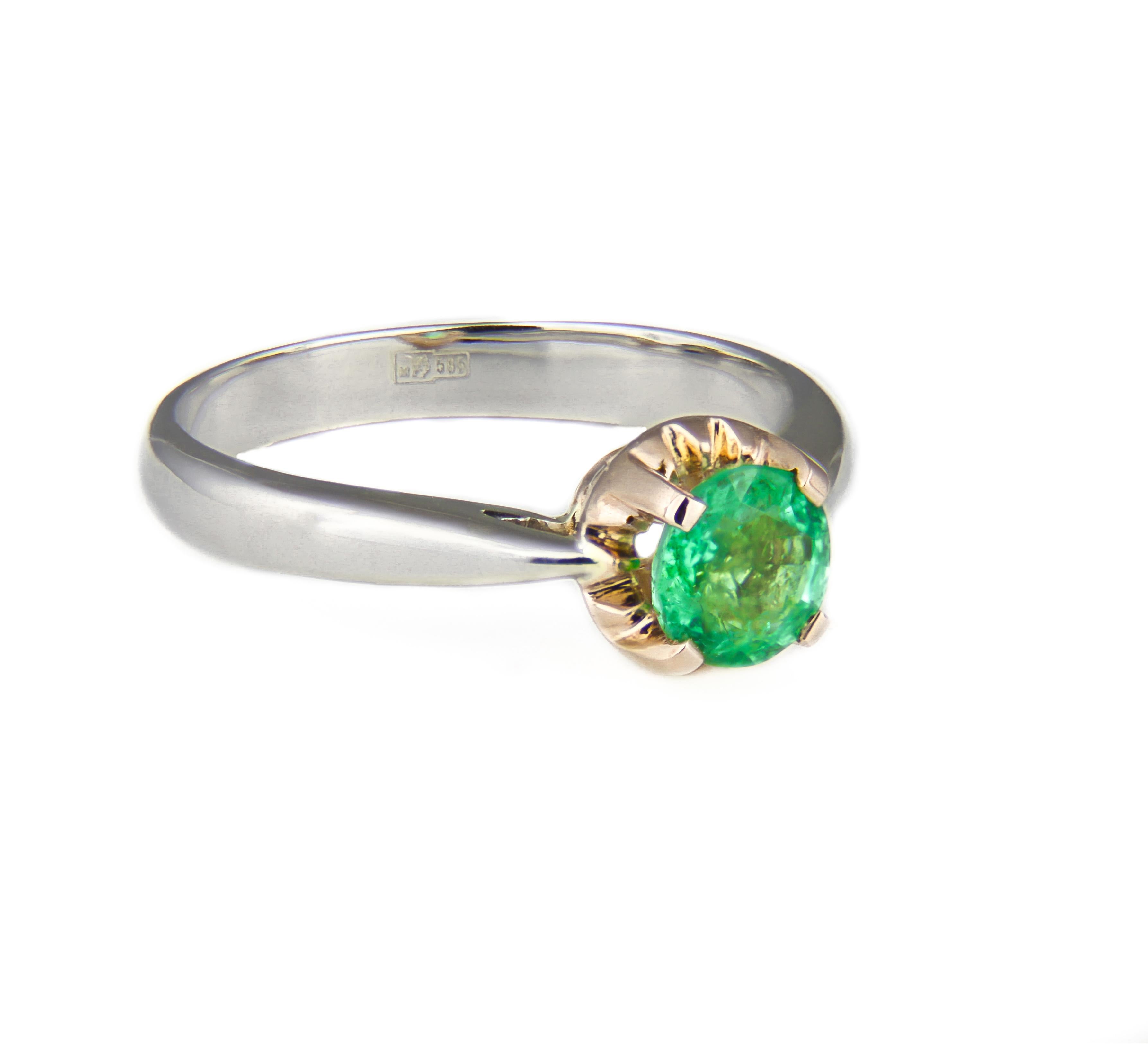 For Sale:  Emerald Soliter Ring in 14k Two Tone Gold, Emerald Engagement Ring 7