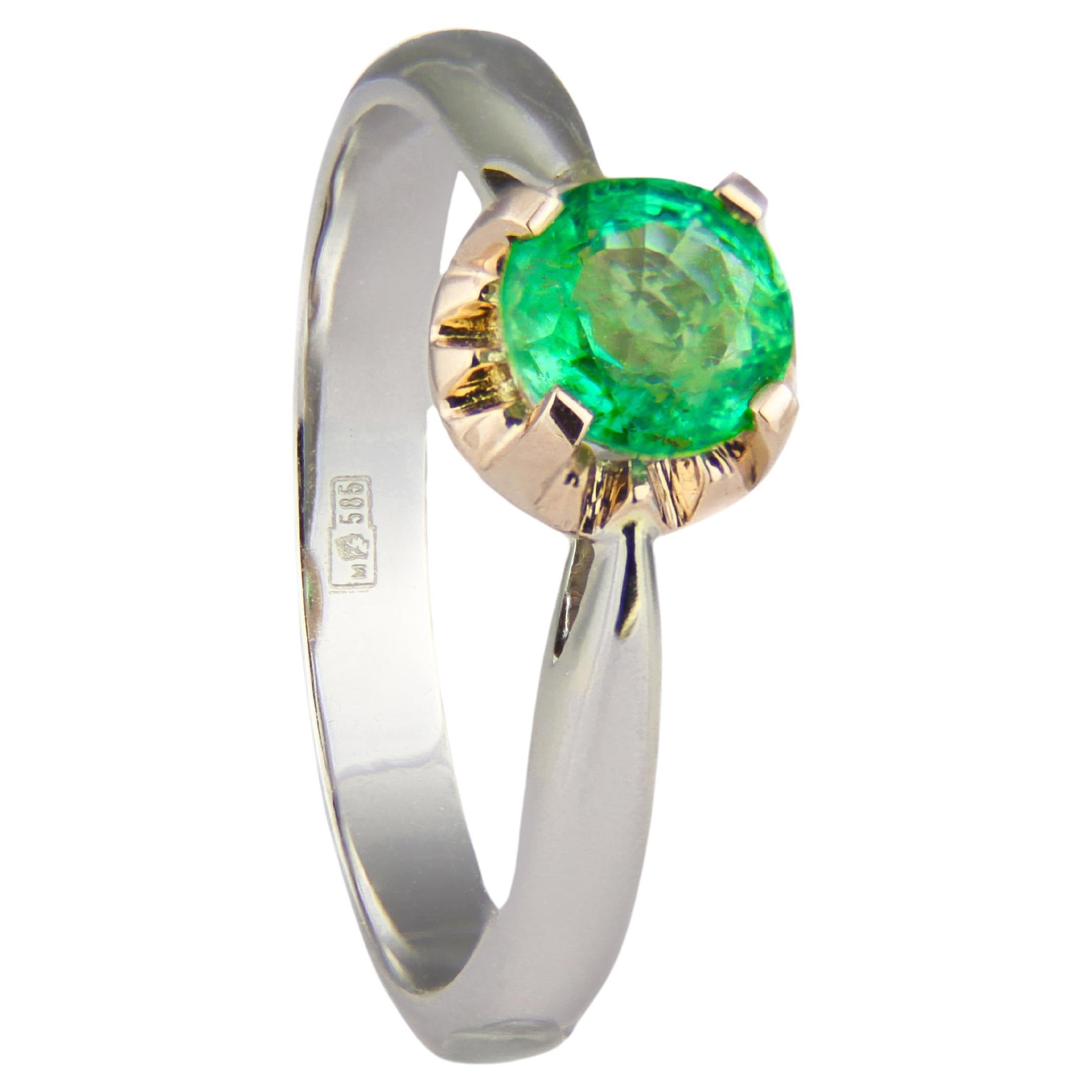 For Sale:  Emerald Soliter Ring in 14k Two Tone Gold, Emerald Engagement Ring