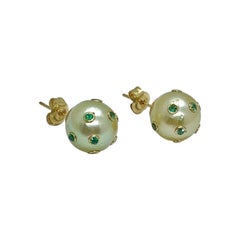 Emerald and South Sea Pearl 14 Karat Earrings Certified