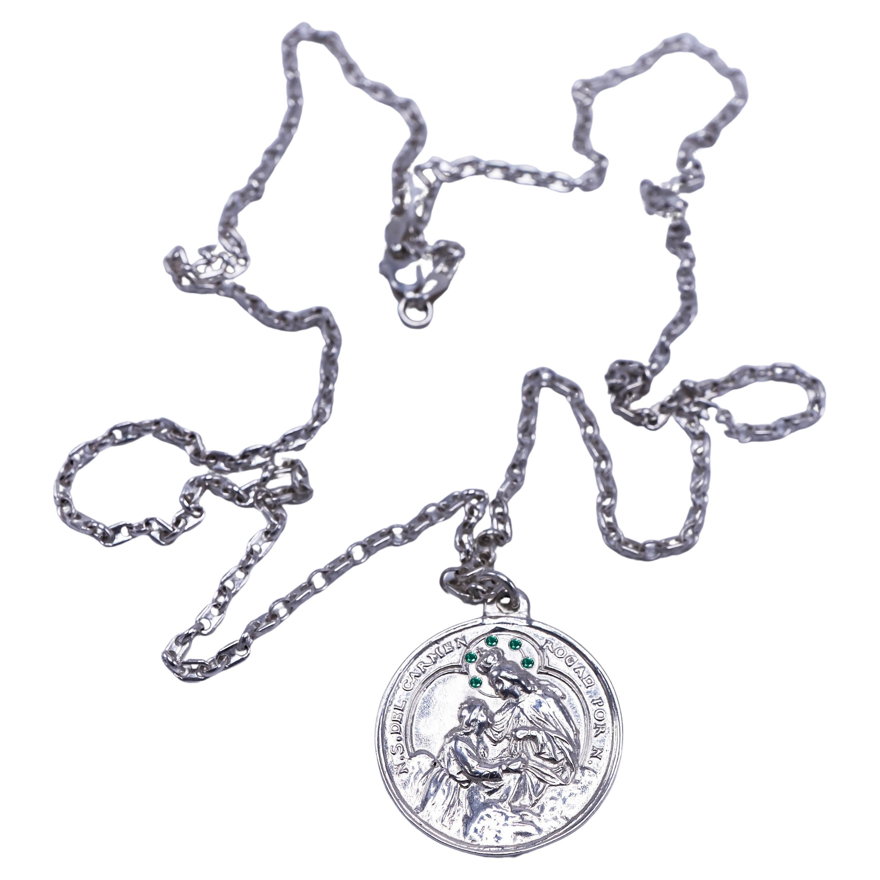 Emerald Spanish Medal Del Carmen Chain Necklace Silver