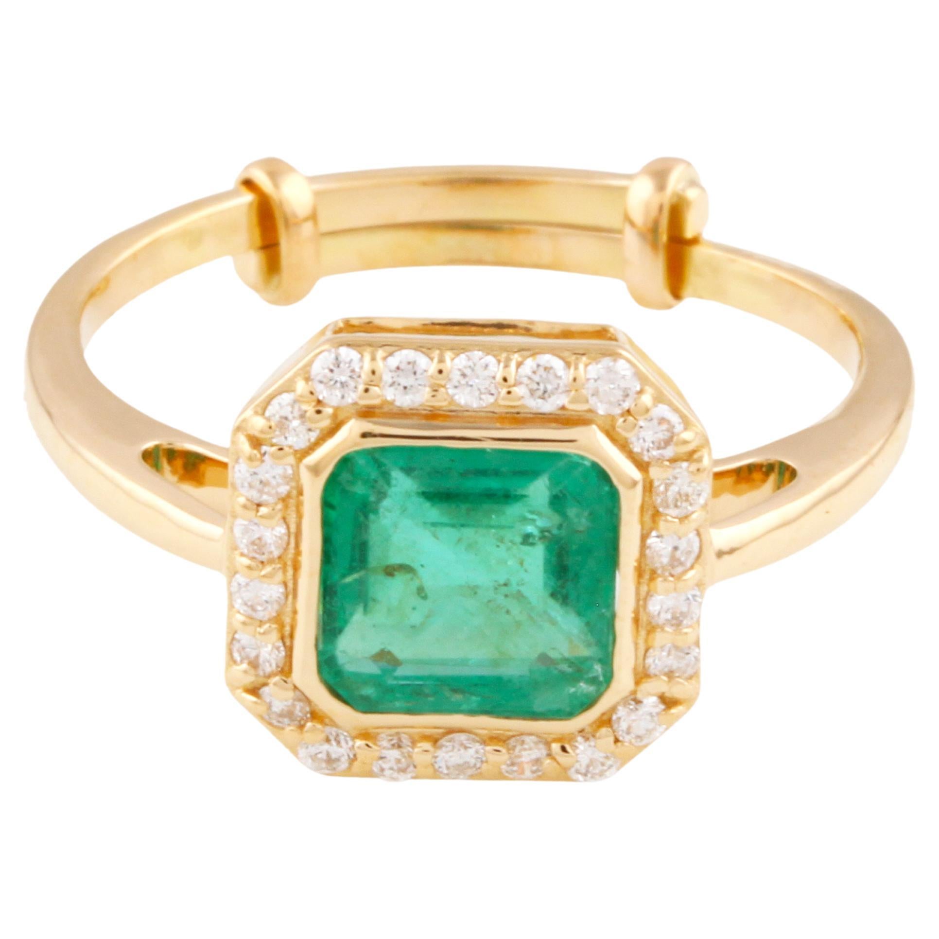 Emerald Square & Diamond Ring In 18K Yellow Gold