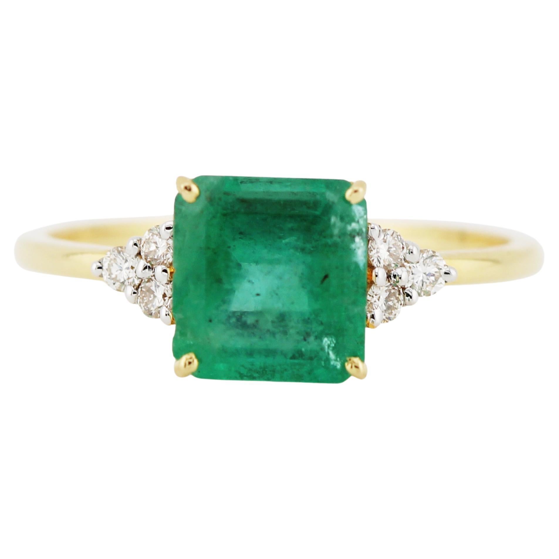 Emerald Square & Diamond Ring In 18K Yellow Gold