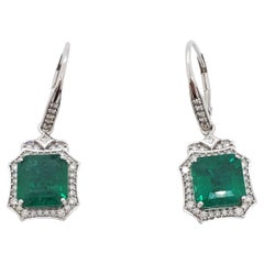 Emerald Square Octagon and Diamond Dangle Earrings in 18k White Gold