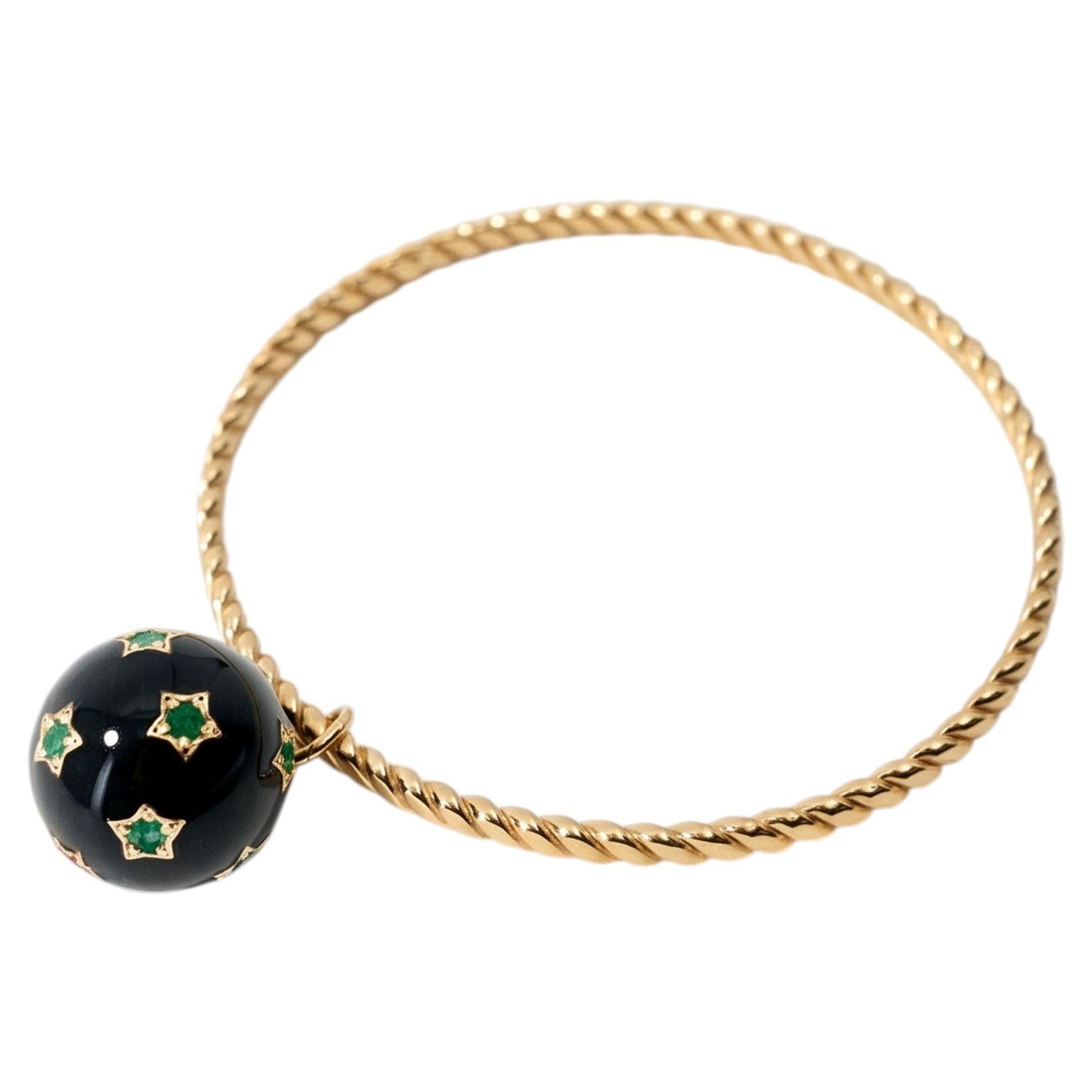 Black Enamel Charm Bracelet Emerald Star Bangle Celestial Orb