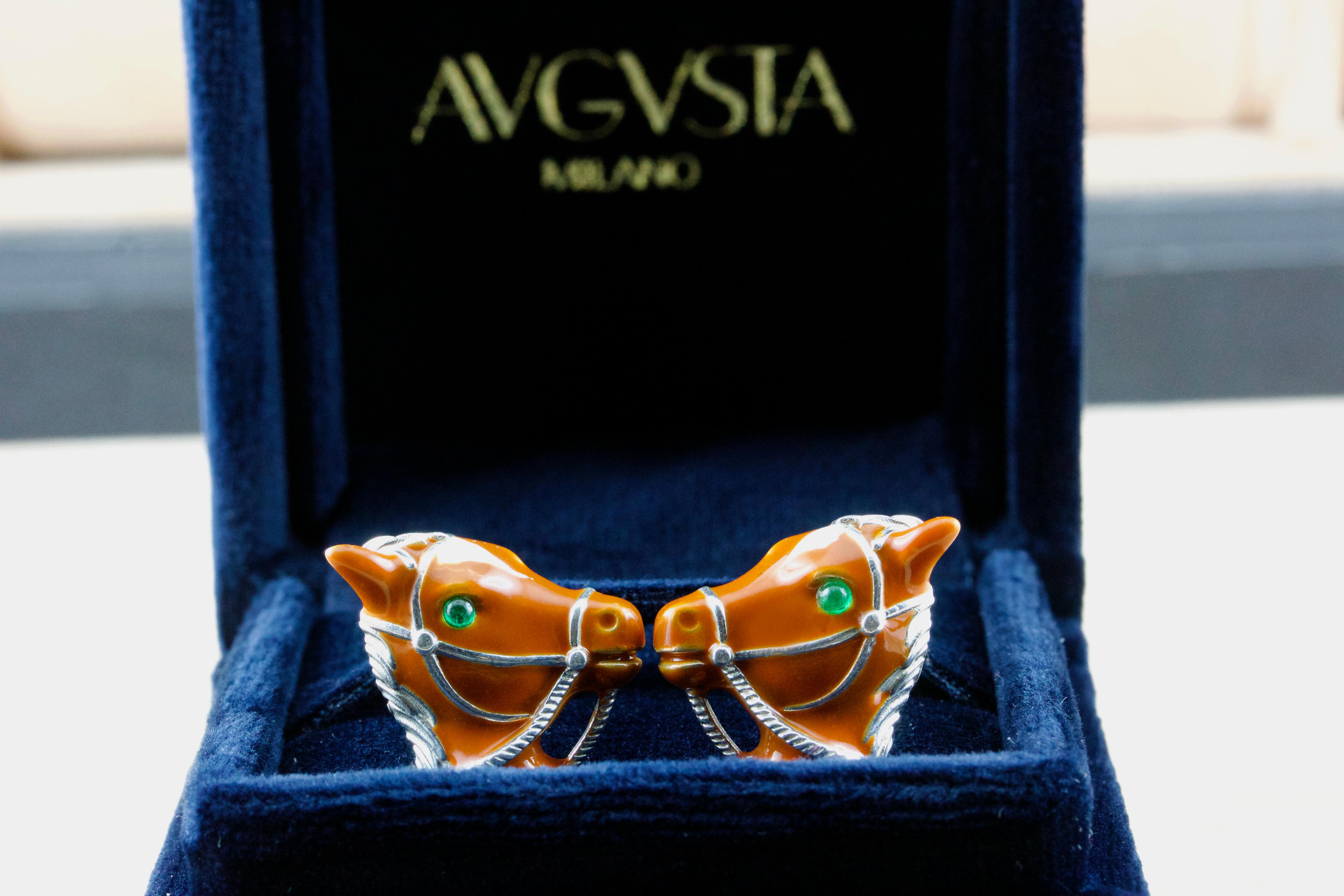 Emerald Sterling Silver 925 Horses Enamel Customizable Cufflinks In New Condition For Sale In Milano, IT