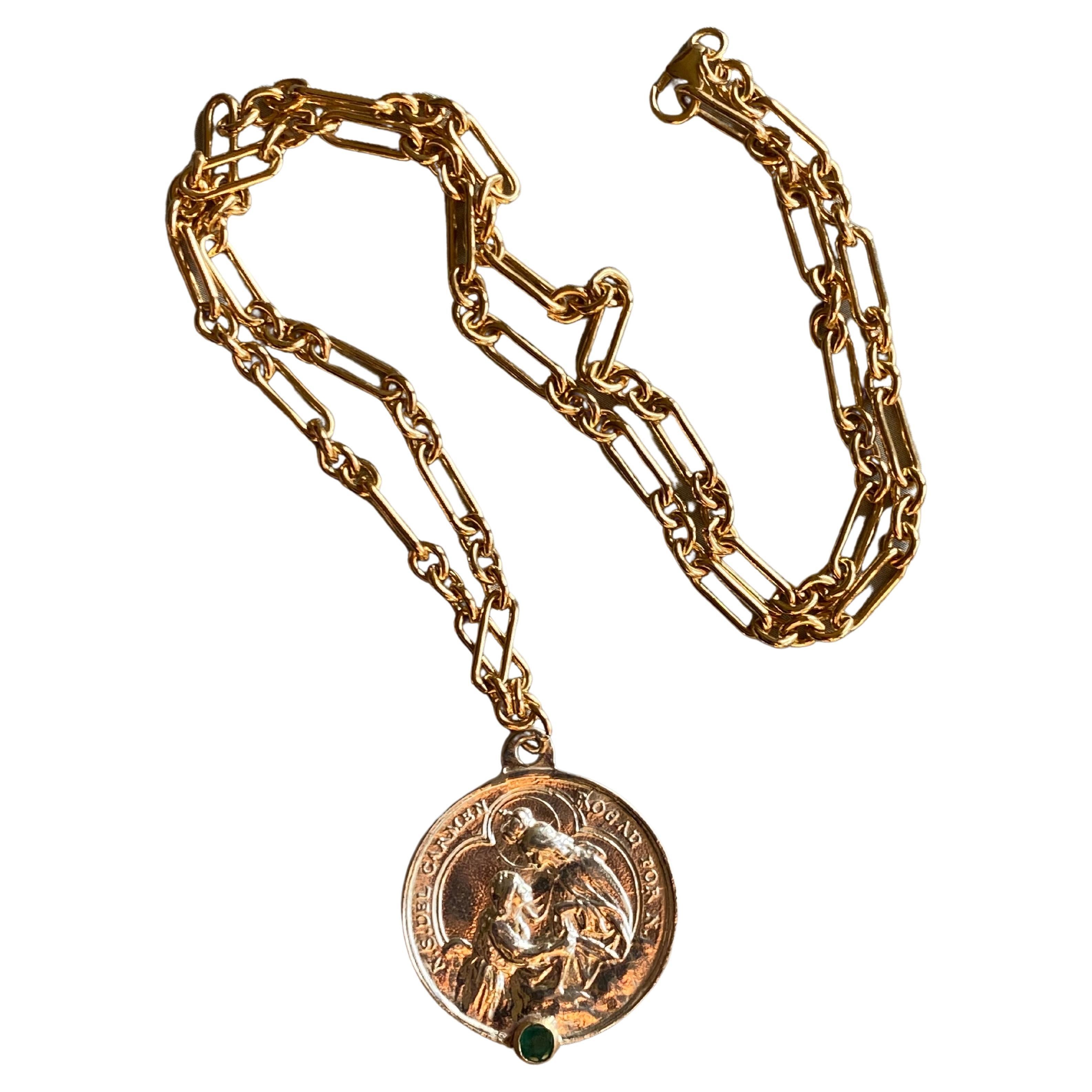 Smaragd-Sterlingsilber-Halskette mit heiliger Medaille, spirituell und religiös im Angebot