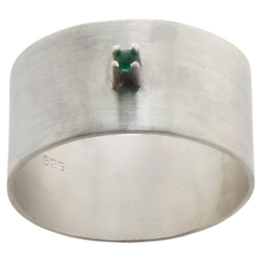 Emerald Sterling Silver Wide Ring, US7.25 For Sale