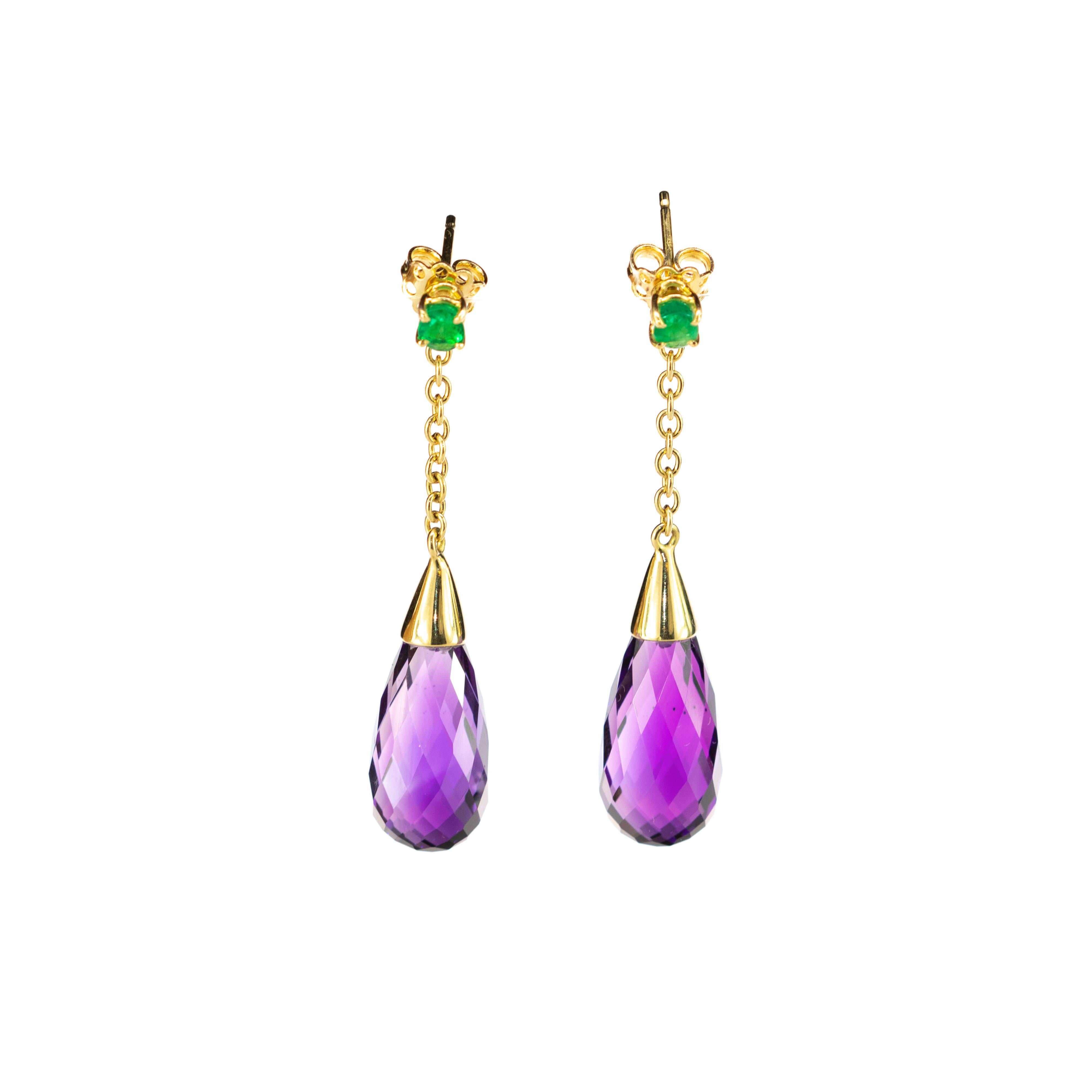 Emerald Amethyst Purple Tear Radiant 18 Karat Yellow Gold Long Earrings For Sale 2