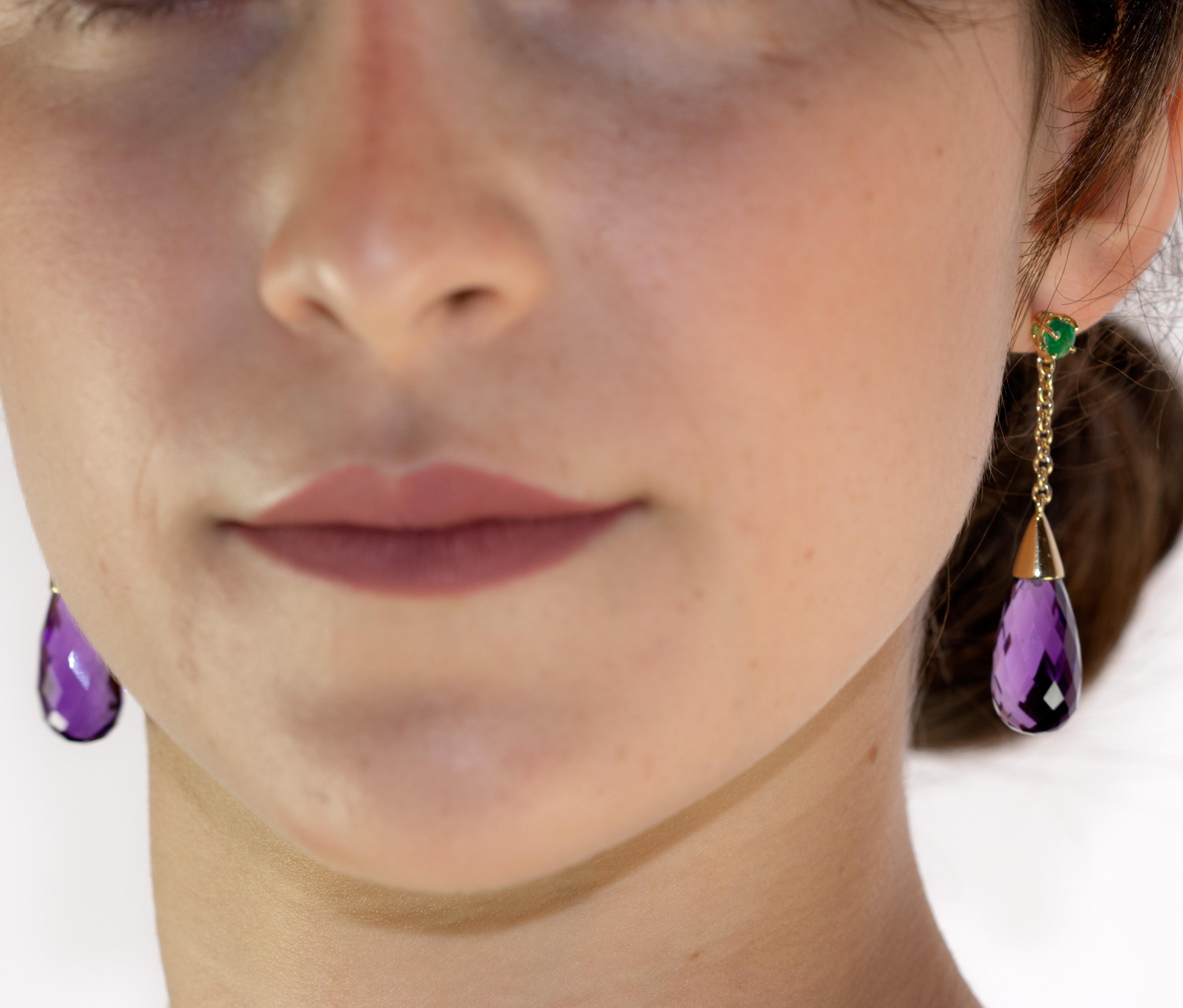 Art Nouveau Emerald Amethyst Purple Tear Radiant 18 Karat Yellow Gold Long Earrings For Sale