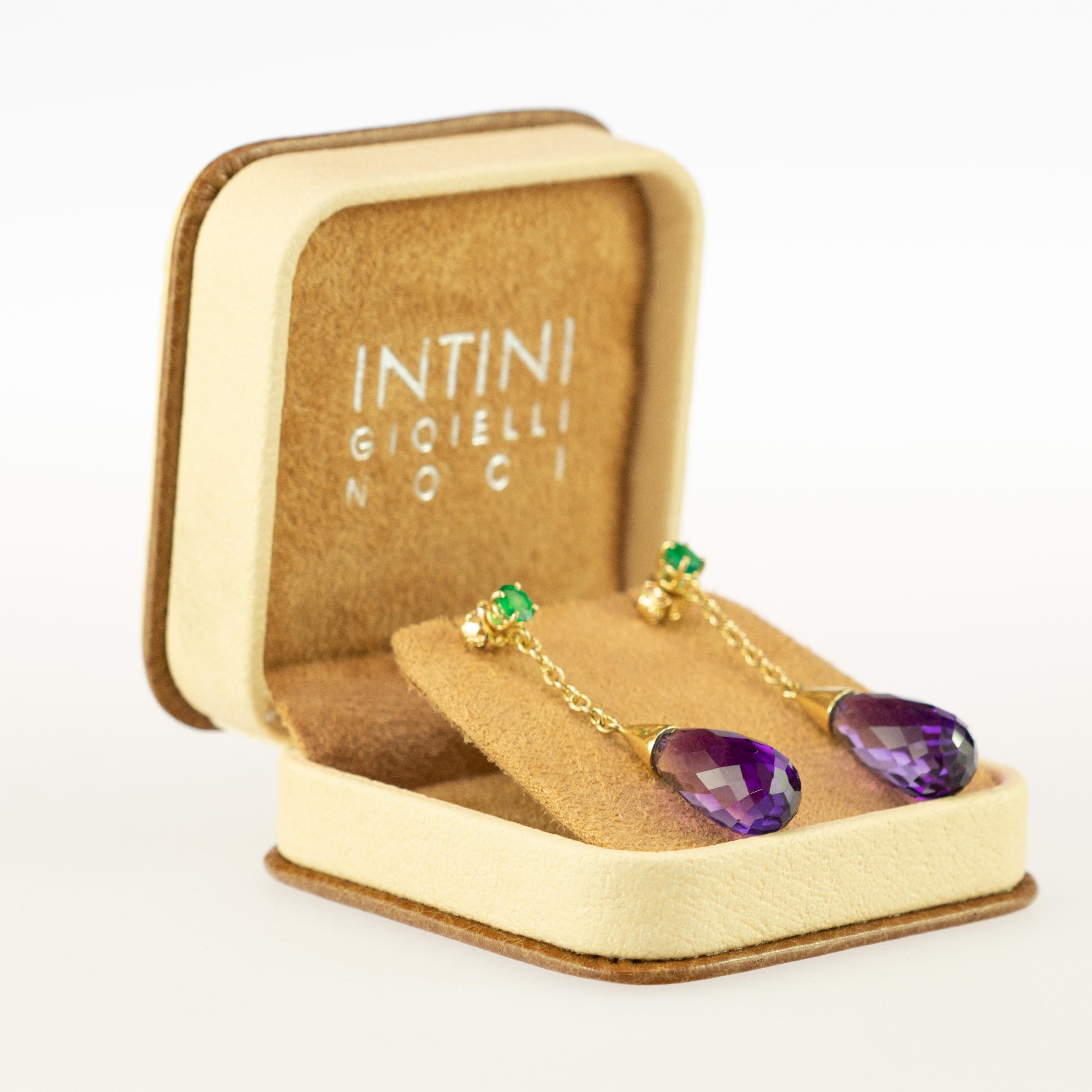 Briolette Cut Emerald Amethyst Purple Tear Radiant 18 Karat Yellow Gold Long Earrings For Sale