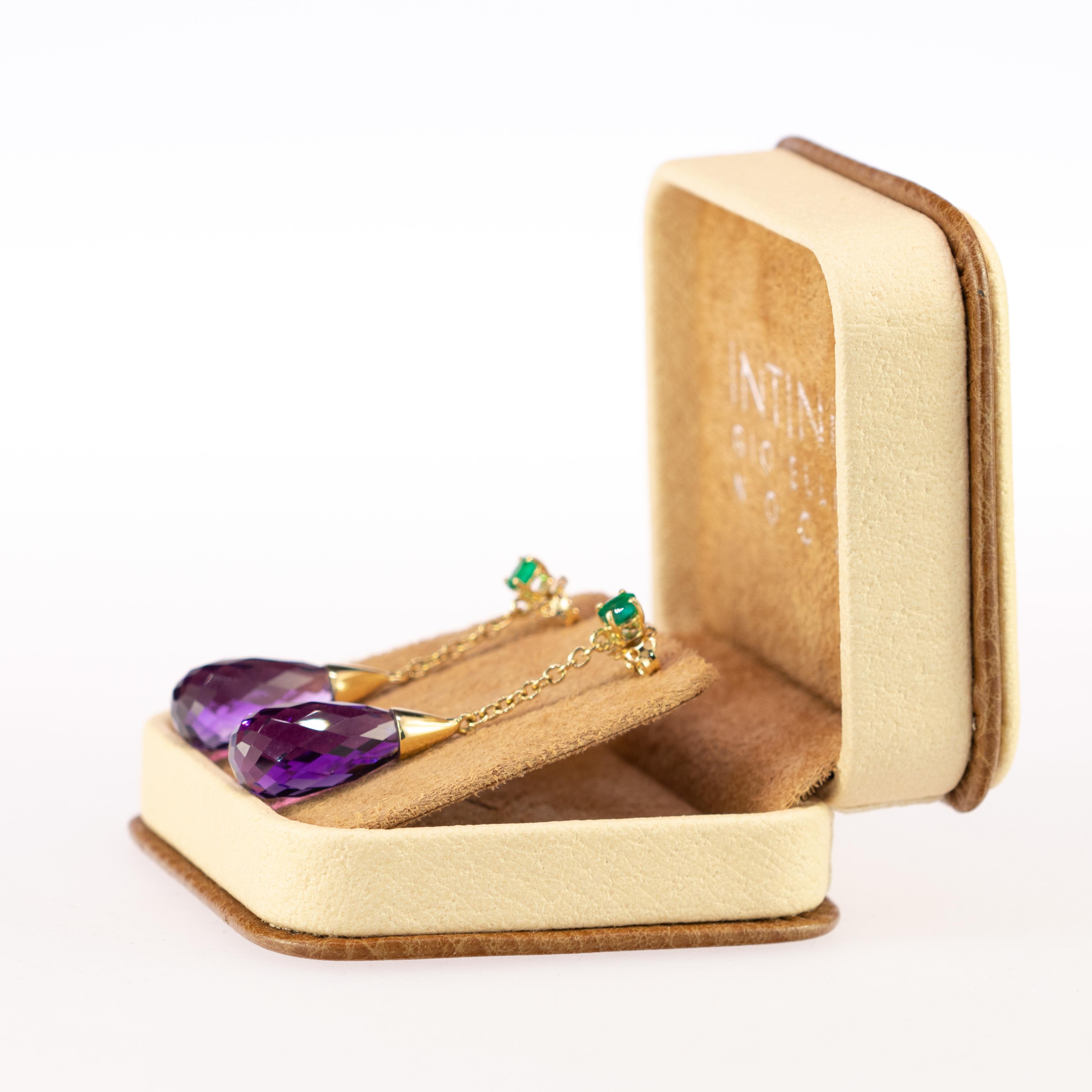 Emerald Amethyst Purple Tear Radiant 18 Karat Yellow Gold Long Earrings In New Condition For Sale In Milano, IT