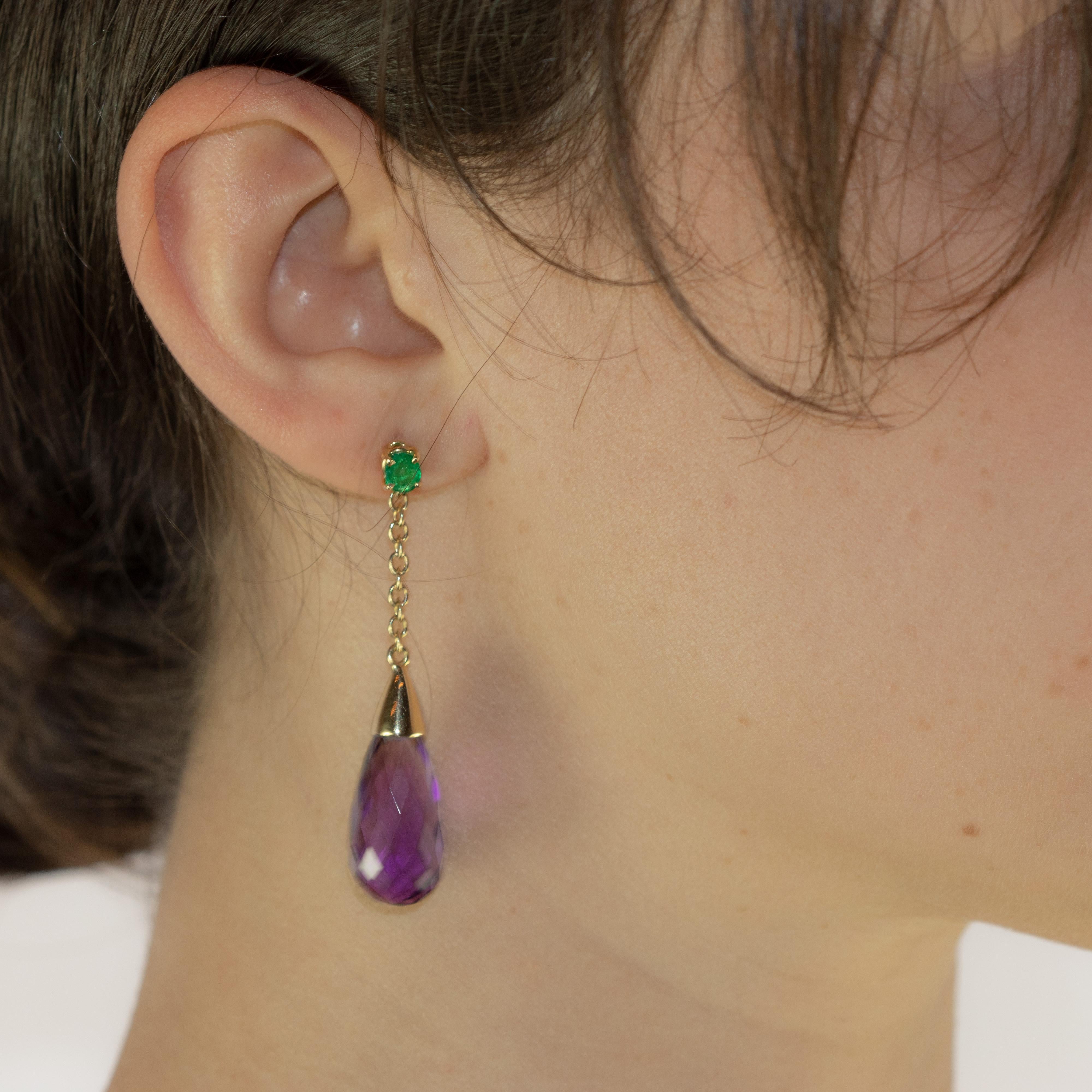 Women's Emerald Amethyst Purple Tear Radiant 18 Karat Yellow Gold Long Earrings For Sale