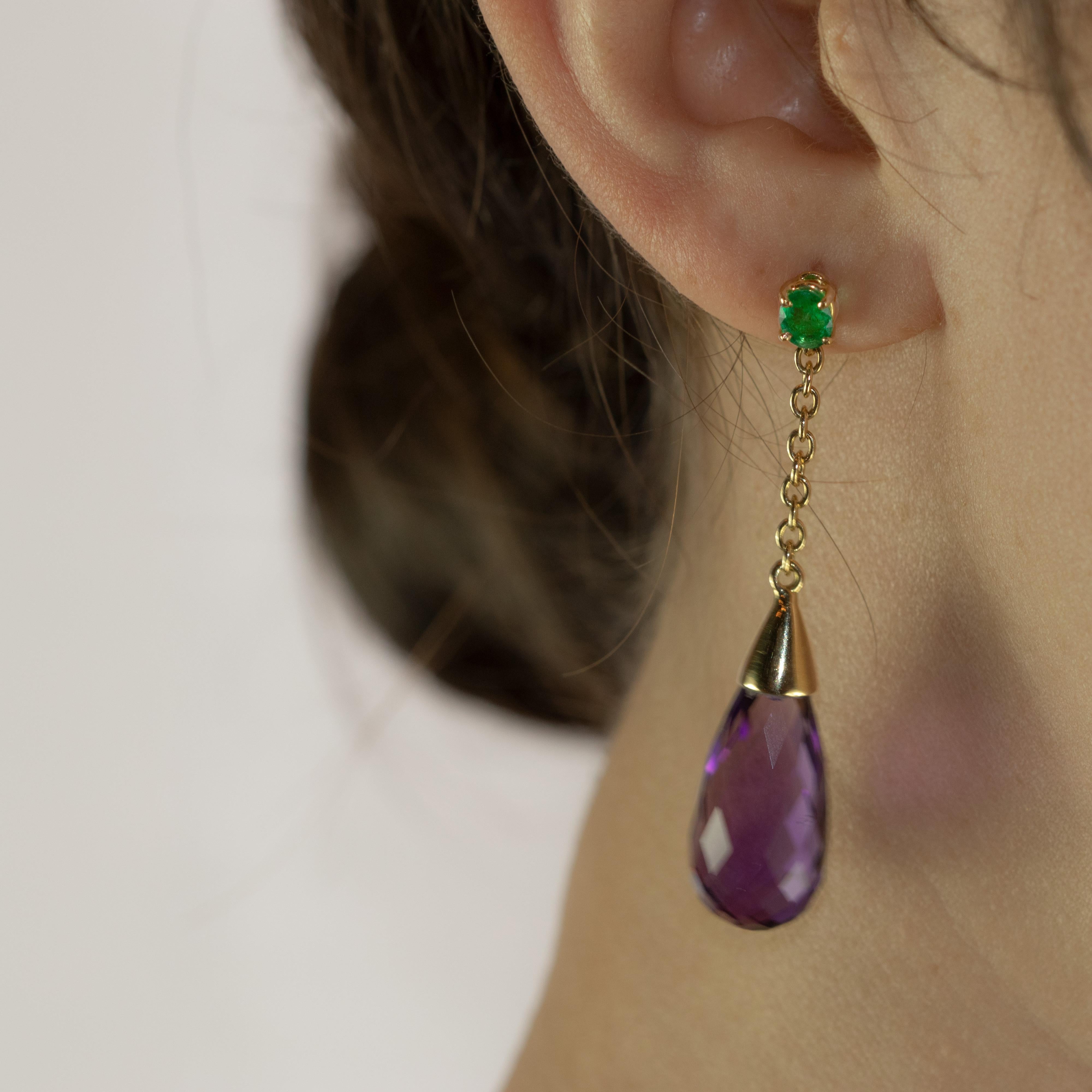 Emerald Amethyst Purple Tear Radiant 18 Karat Yellow Gold Long Earrings For Sale 1