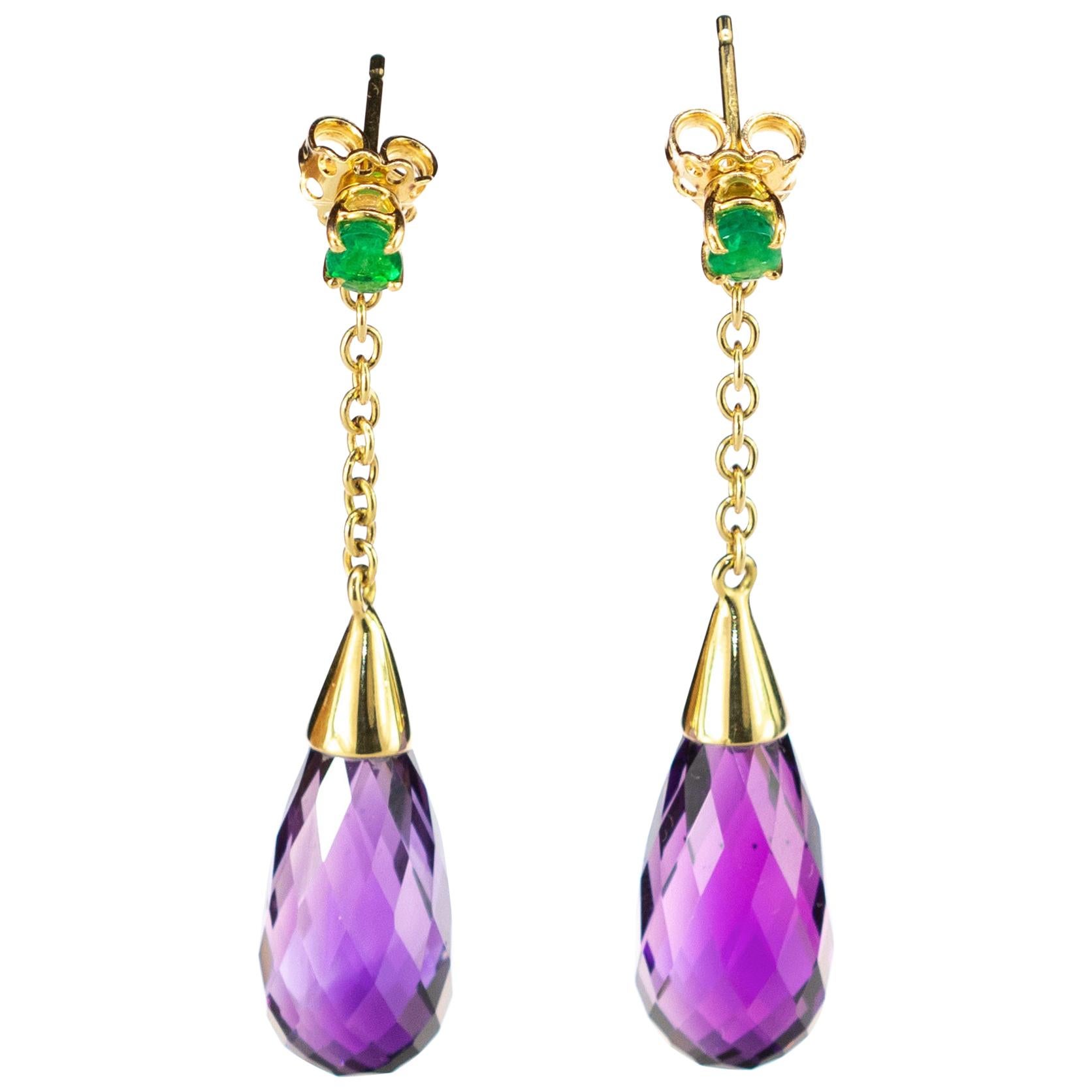 Emerald Amethyst Purple Tear Radiant 18 Karat Yellow Gold Long Earrings For Sale
