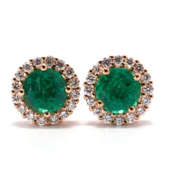 Emerald Stud Earrings 1.05 Carat Natural Emerald Diamond Halo in 18k Rose Gold