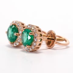 Emerald Stud Earrings 1.05 Carat Natural Emerald Diamond Halo in 18k Rose Gold