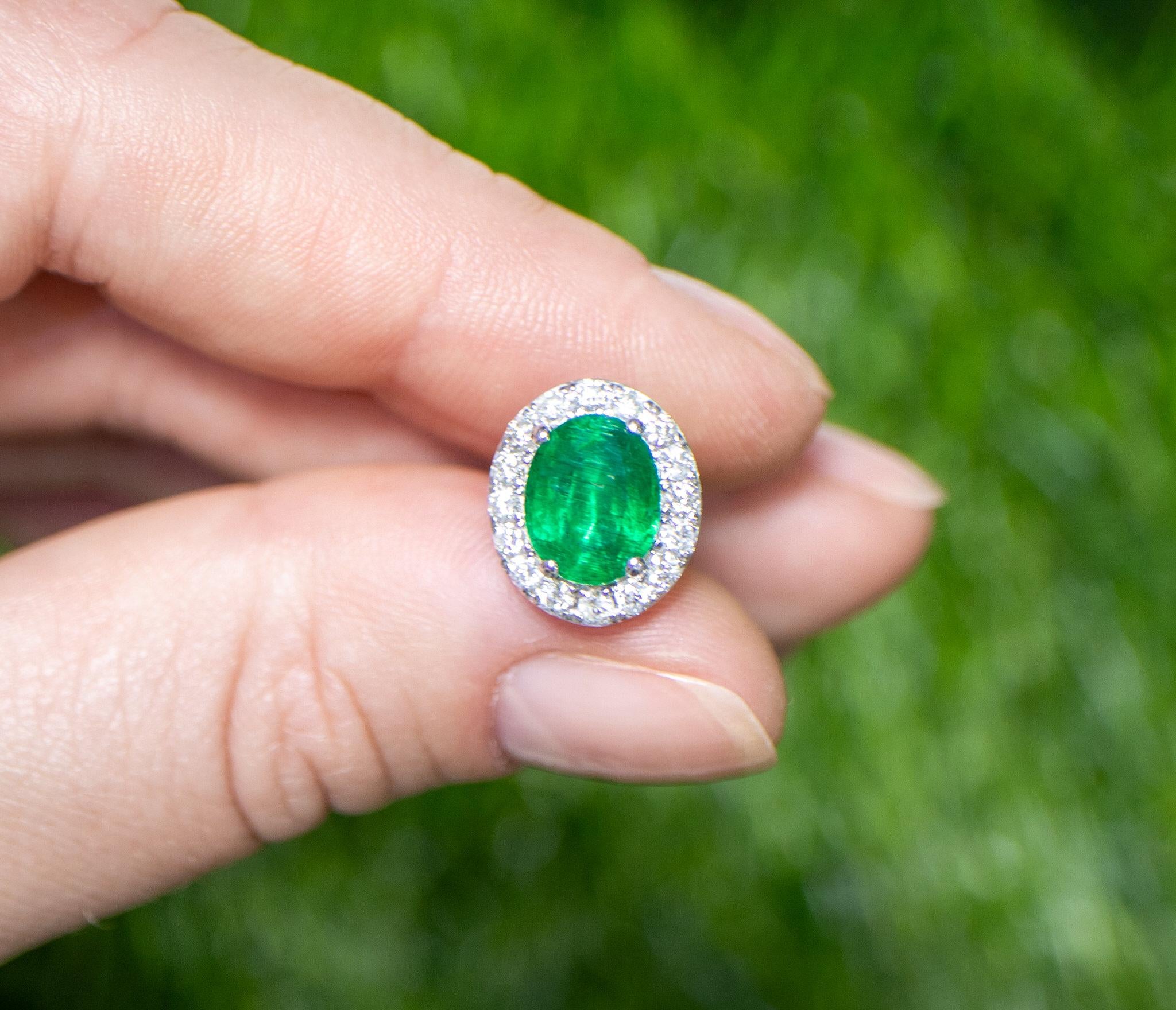 Women's or Men's Emerald Stud Earrings Diamond Halo 4.65 Carats 18K Gold For Sale