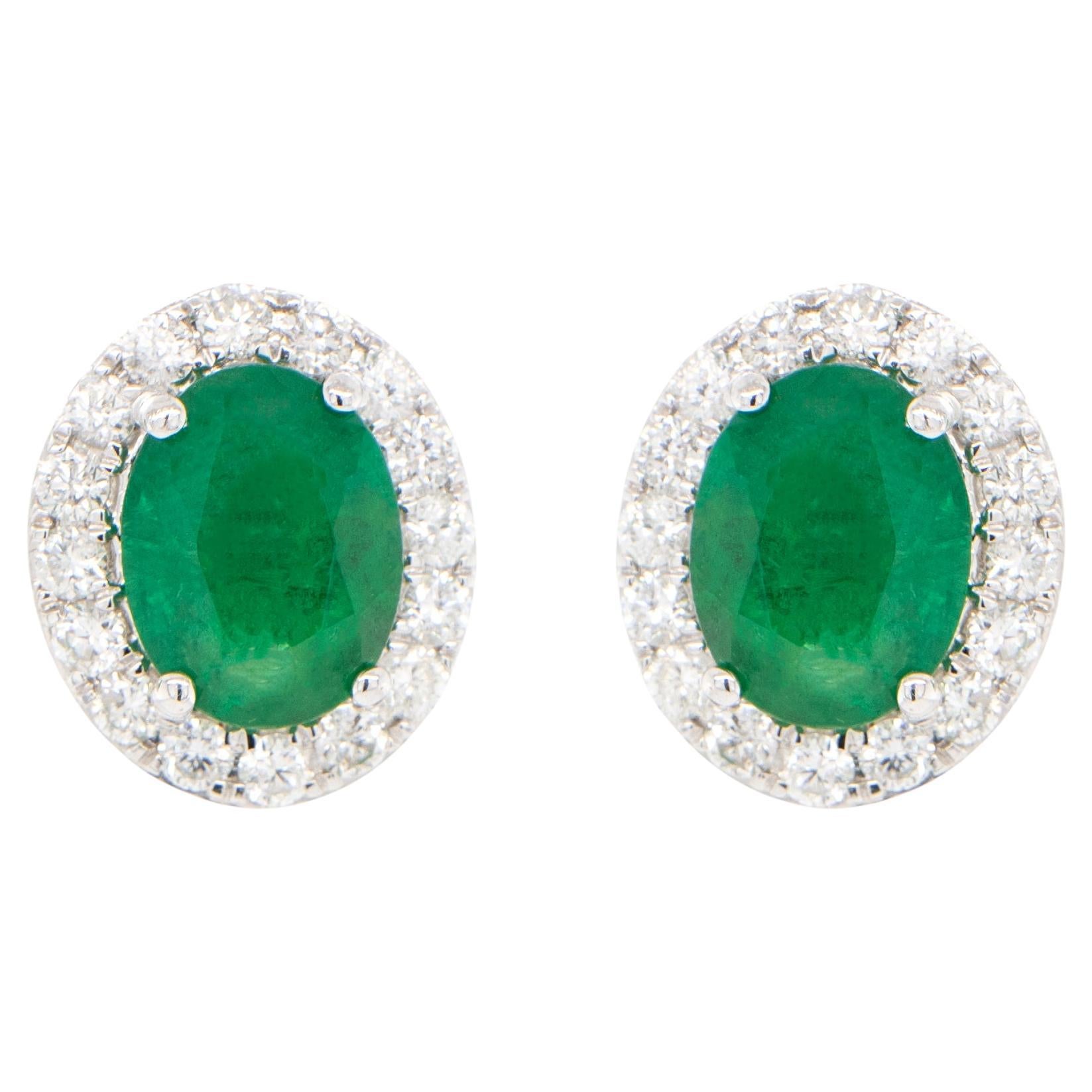 Emerald Stud Earrings Diamond Halo 4.65 Carats 18K Gold For Sale