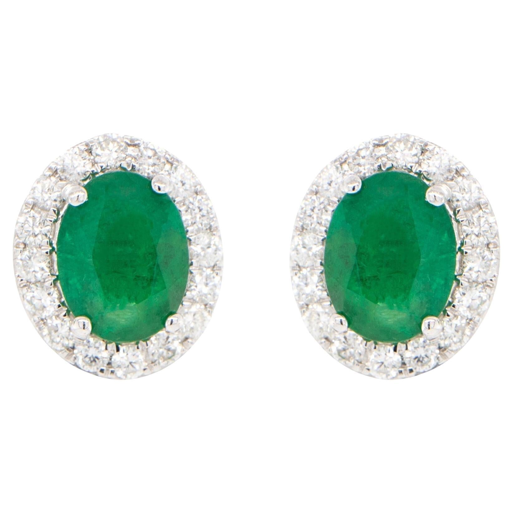 Emerald Stud Earrings Diamond Halo 4.65 Carats 18K Gold For Sale