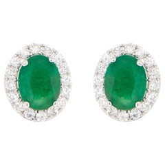 Emerald Stud Earrings Diamond Halo 4.65 Carats 18K Gold