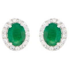 Emerald Stud Earrings Diamond Halo 4.65 Carats 18K Gold
