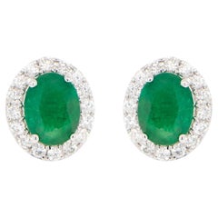 Emerald Stud Earrings Diamond Halo 4.65 Carats 18K Gold