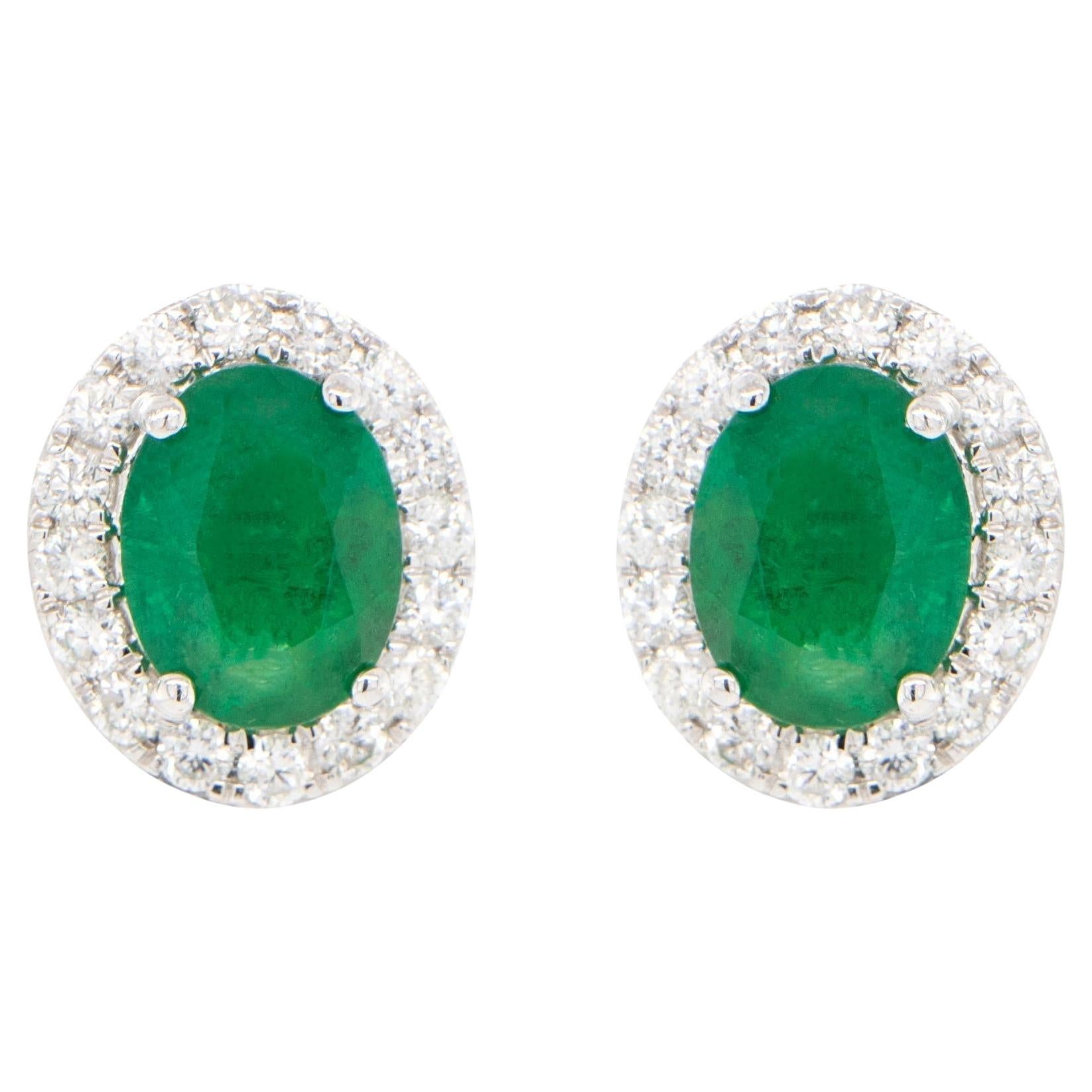 Emerald Stud Earrings Diamond Halo 4.65 Carats 18K Gold
