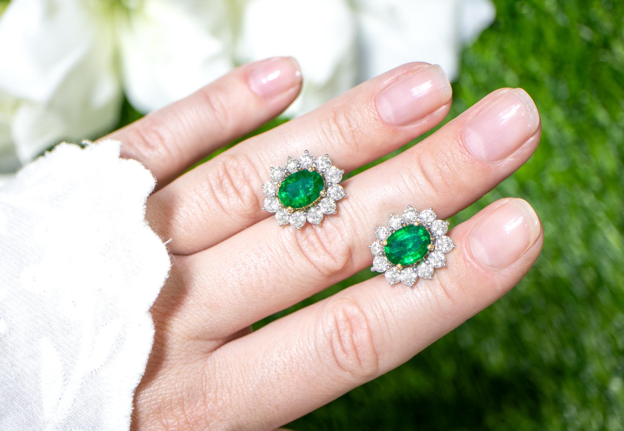 Oval Cut Emerald Stud Earrings Large Diamond Halo 7.42 Carats 18K Gold For Sale