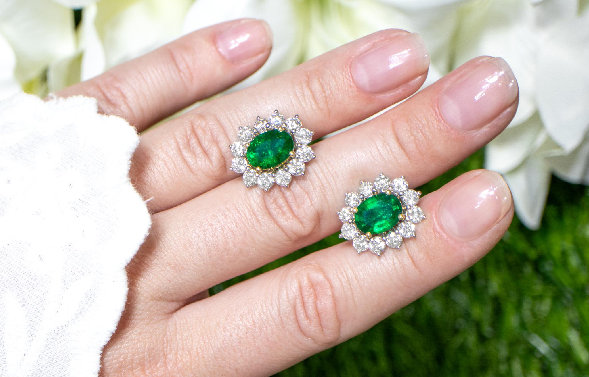 Emerald Stud Earrings Large Diamond Halo 7.42 Carats 18K Gold In Excellent Condition For Sale In Laguna Niguel, CA