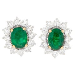 Emerald Stud Earrings Large Diamond Halo 7.42 Carats 18K Gold