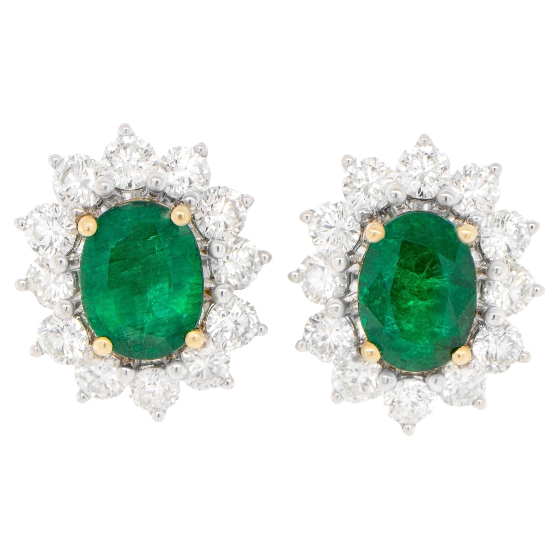 Emerald Stud Earrings Large Diamond Halo 7.42 Carats 18K Gold For Sale