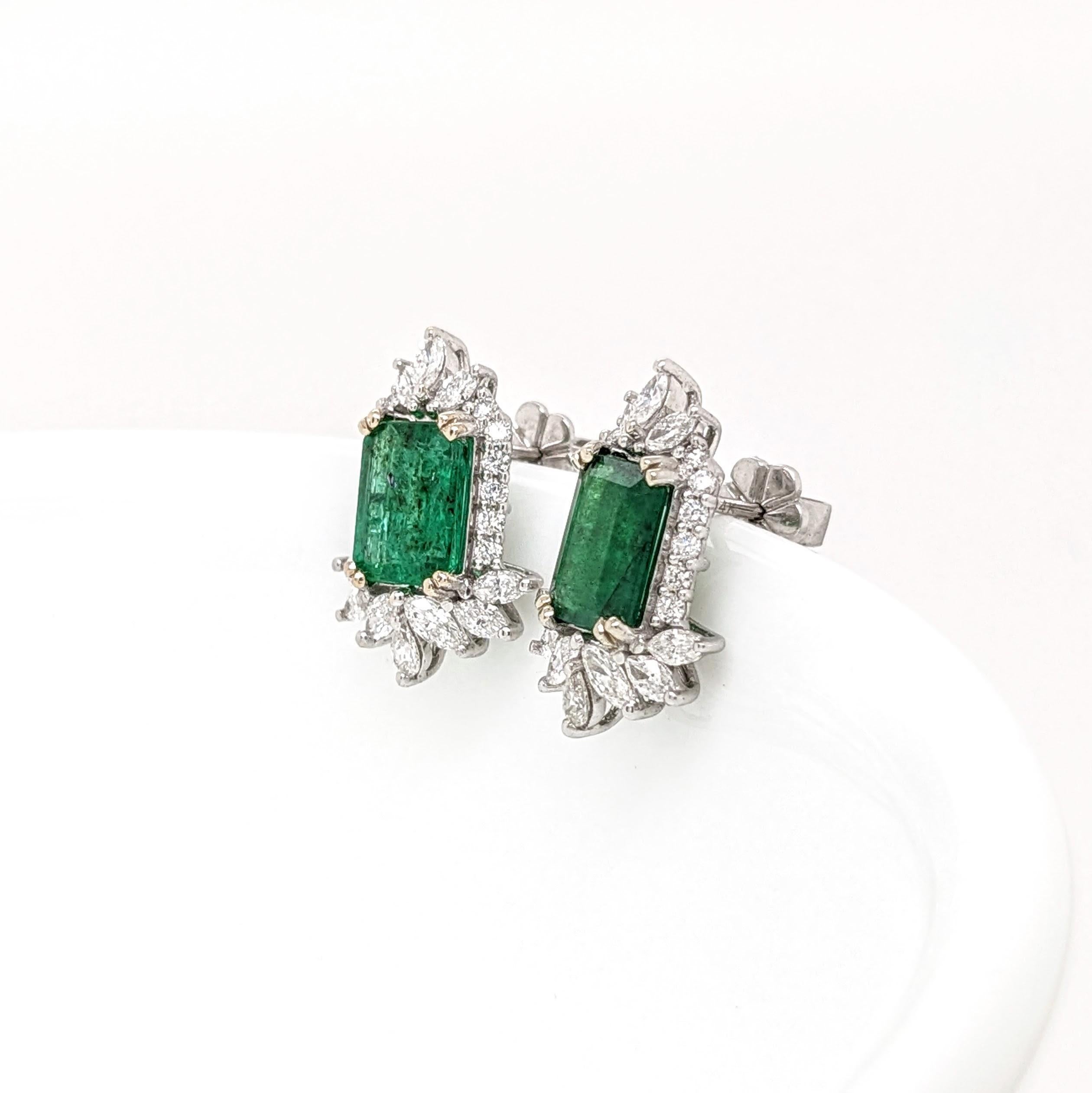 Modern Emerald Stud Earrings w Earth Mined Diamonds in Solid 14K White Gold EM 8x6mm