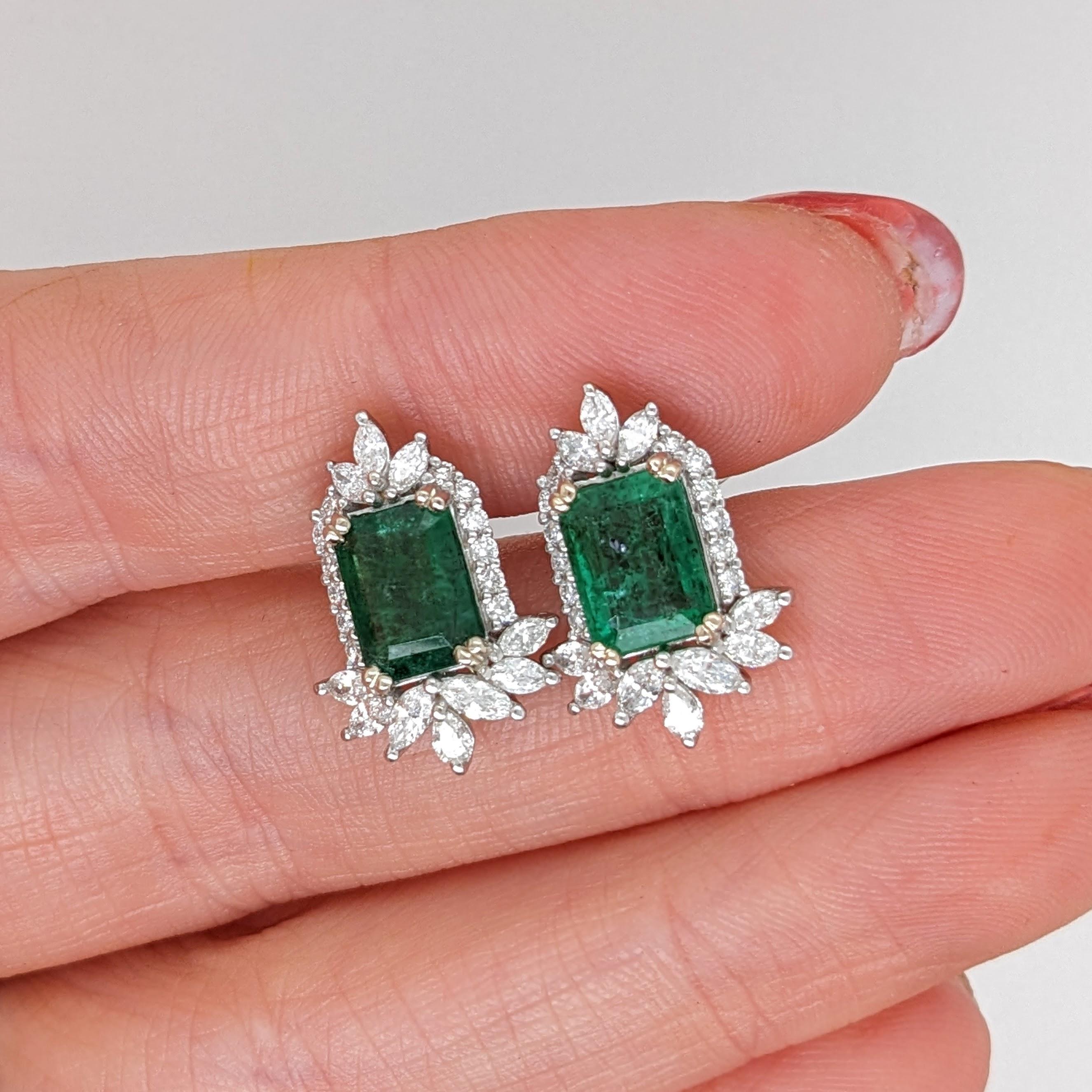 Emerald Cut Emerald Stud Earrings w Earth Mined Diamonds in Solid 14K White Gold EM 8x6mm