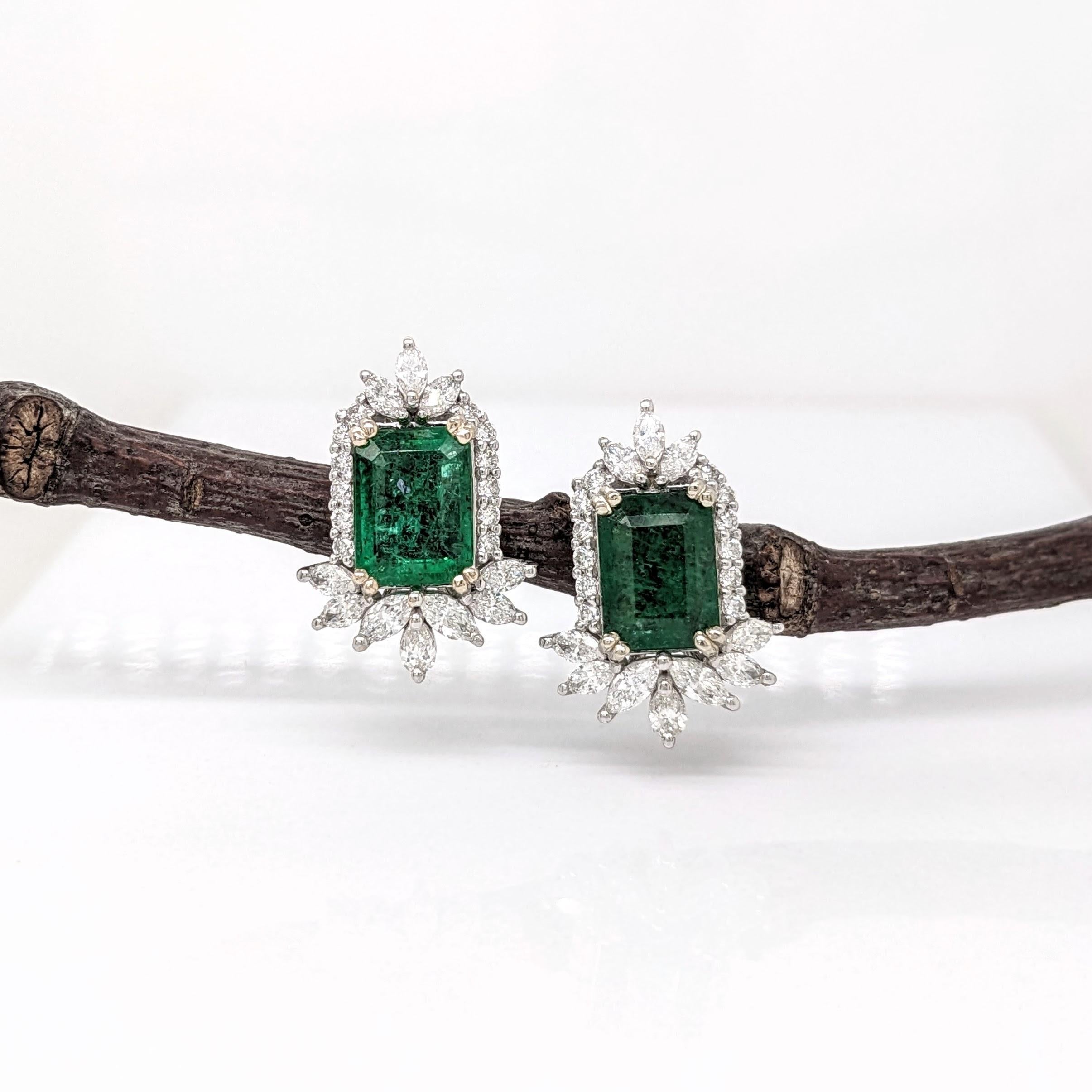 Emerald Stud Earrings w Earth Mined Diamonds in Solid 14K White Gold EM 8x6mm In New Condition In Columbus, OH