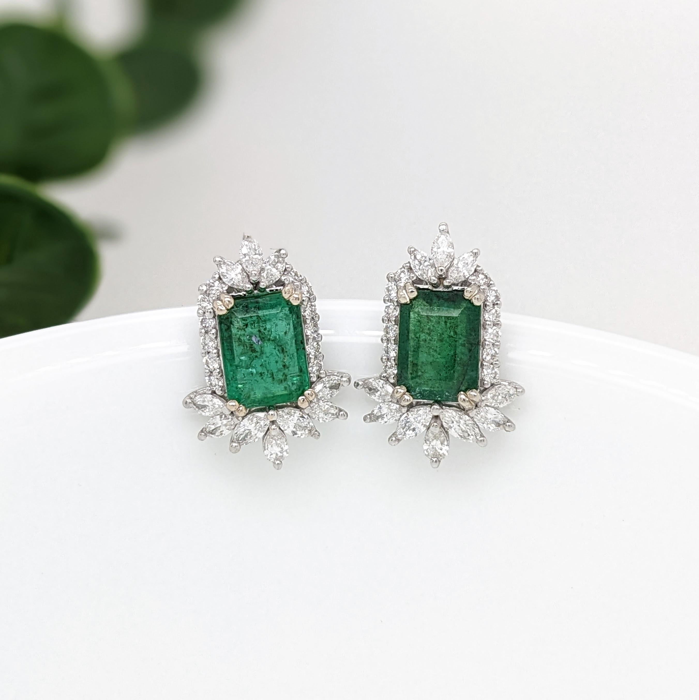 Women's Emerald Stud Earrings w Earth Mined Diamonds in Solid 14K White Gold EM 8x6mm