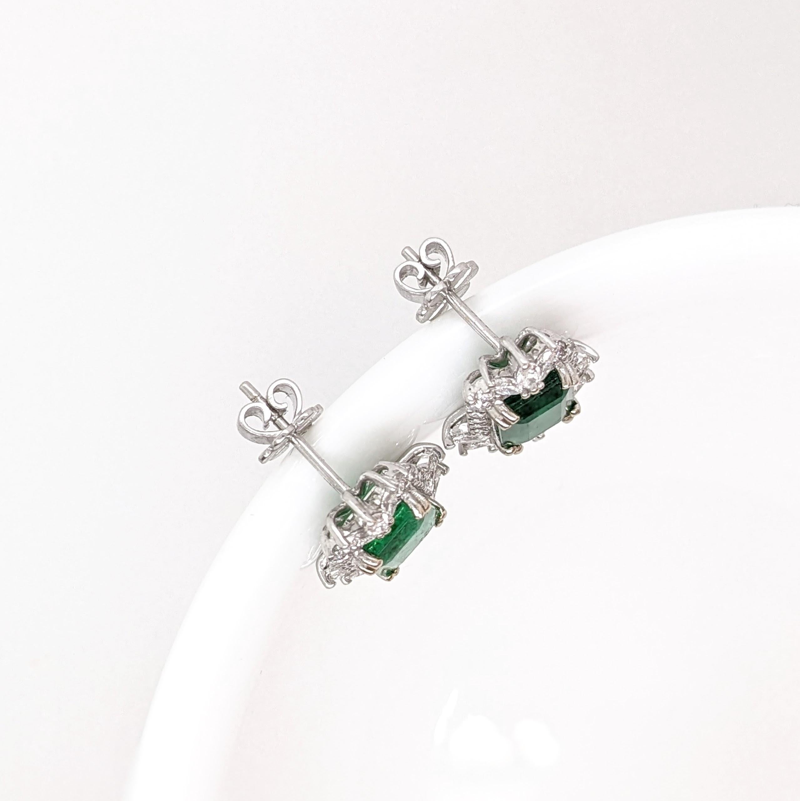 Emerald Stud Earrings w Earth Mined Diamonds in Solid 14K White Gold EM 8x6mm 2