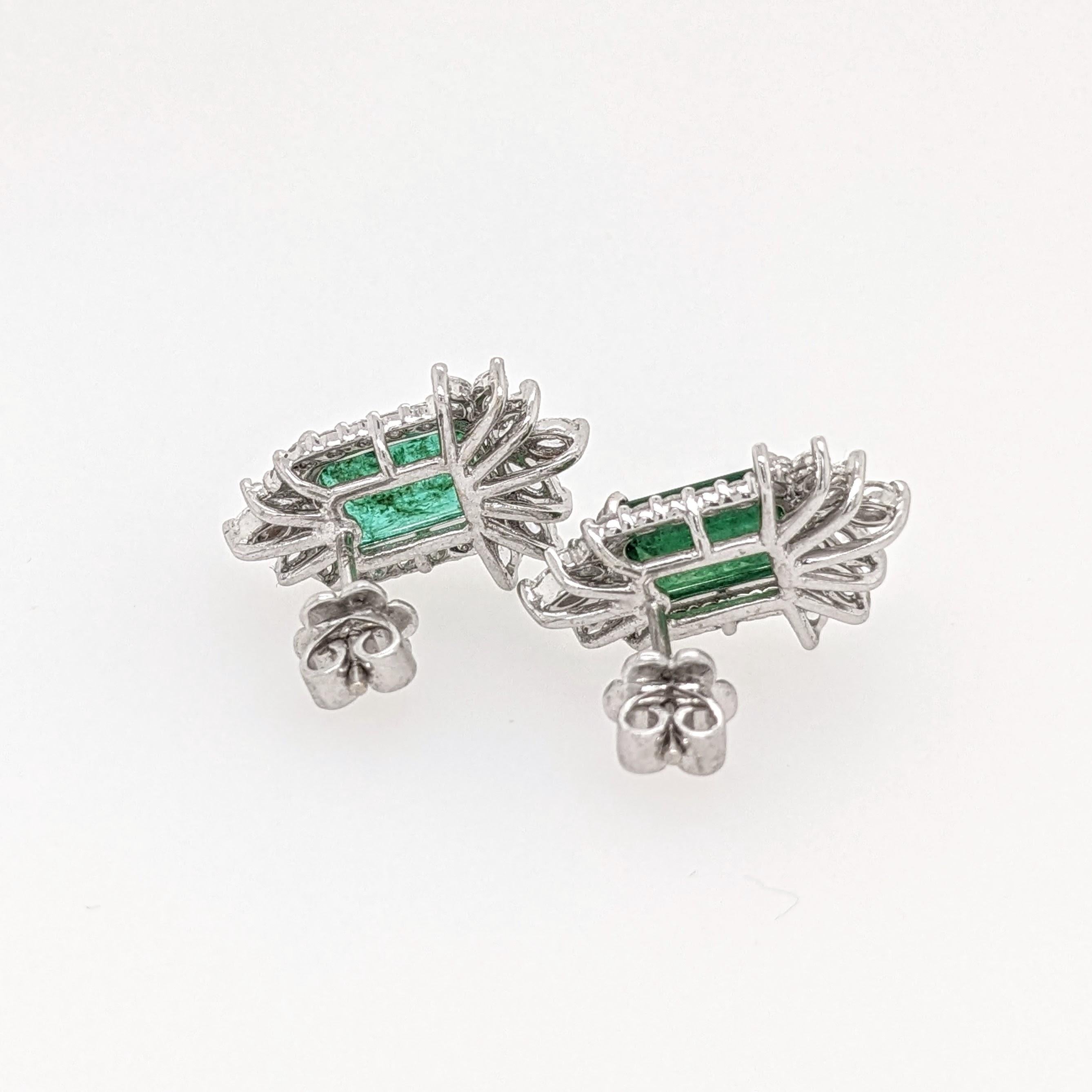Emerald Stud Earrings w Earth Mined Diamonds in Solid 14K White Gold EM 8x6mm 3