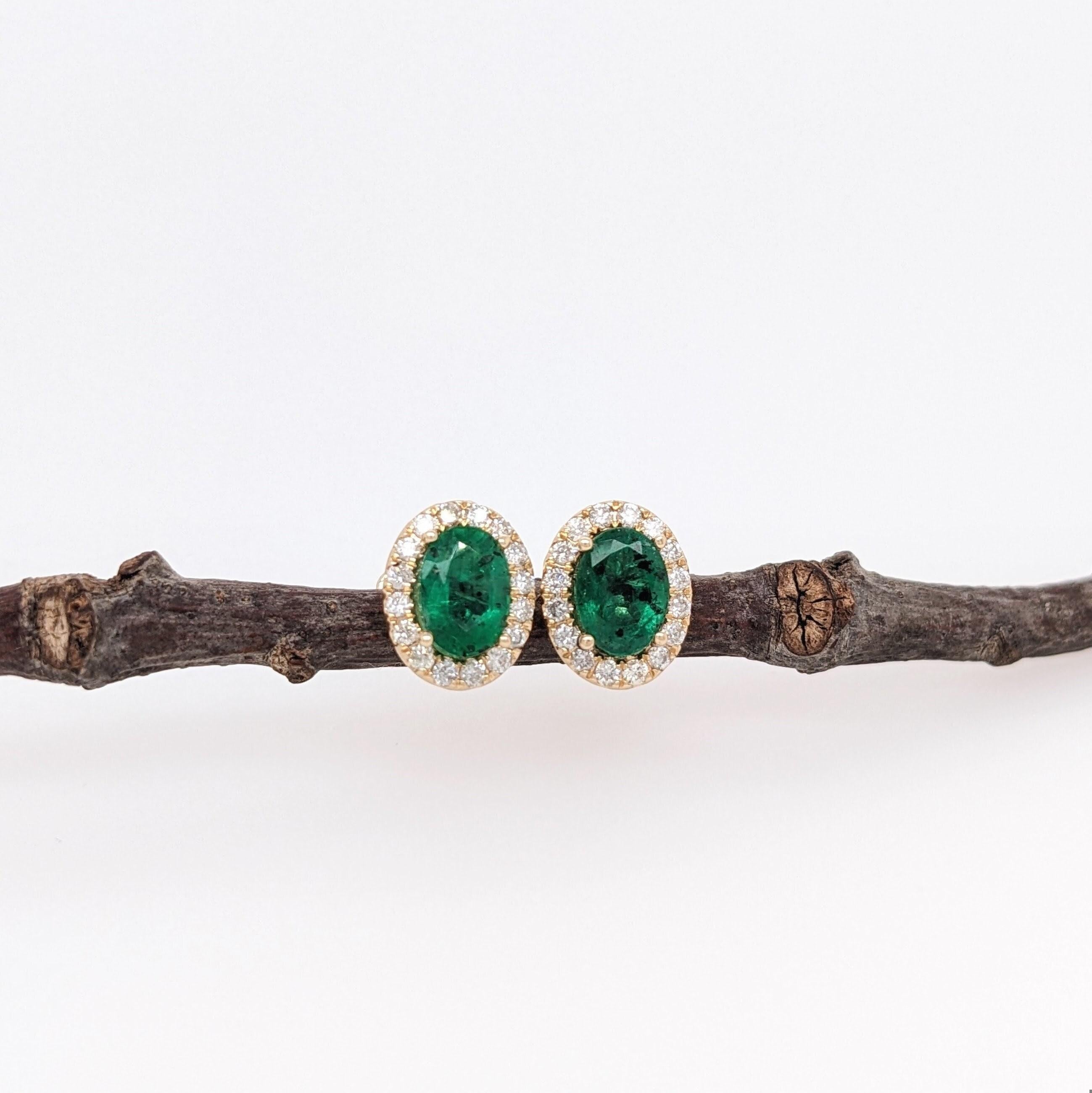 Modern Emerald Stud Earrings w Earth Mined Diamonds in Solid 14K Yellow Gold Oval 7x5mm For Sale
