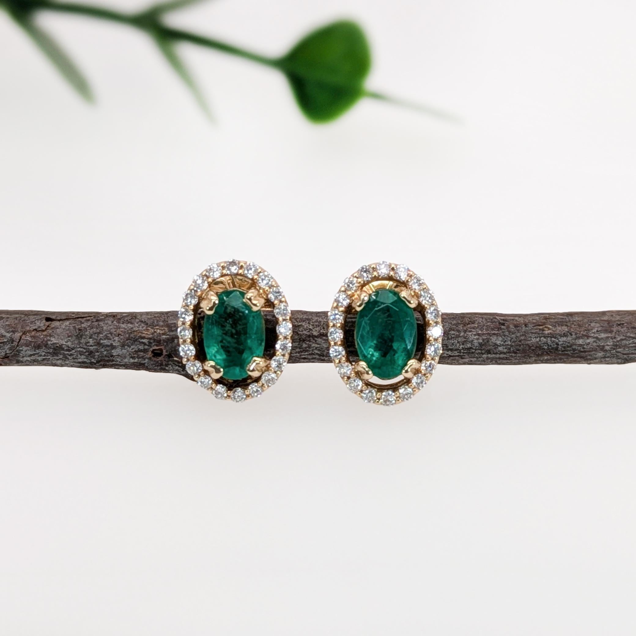 Art Deco Emerald Stud Earrings w Natural Diamond Halo in Solid 14K Yellow Gold  OV 6x4mm For Sale