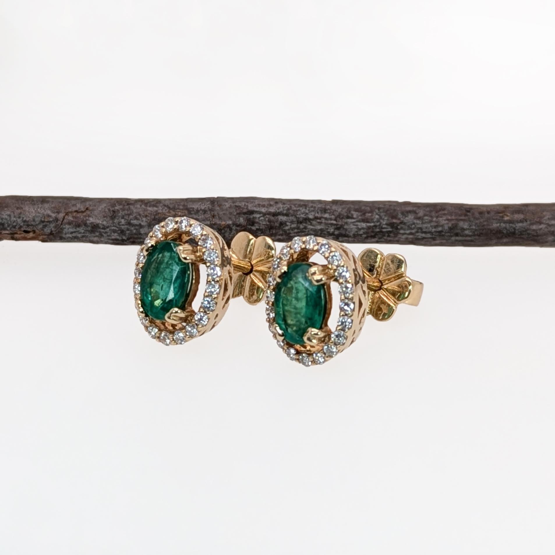 Oval Cut Emerald Stud Earrings w Natural Diamond Halo in Solid 14K Yellow Gold  OV 6x4mm For Sale