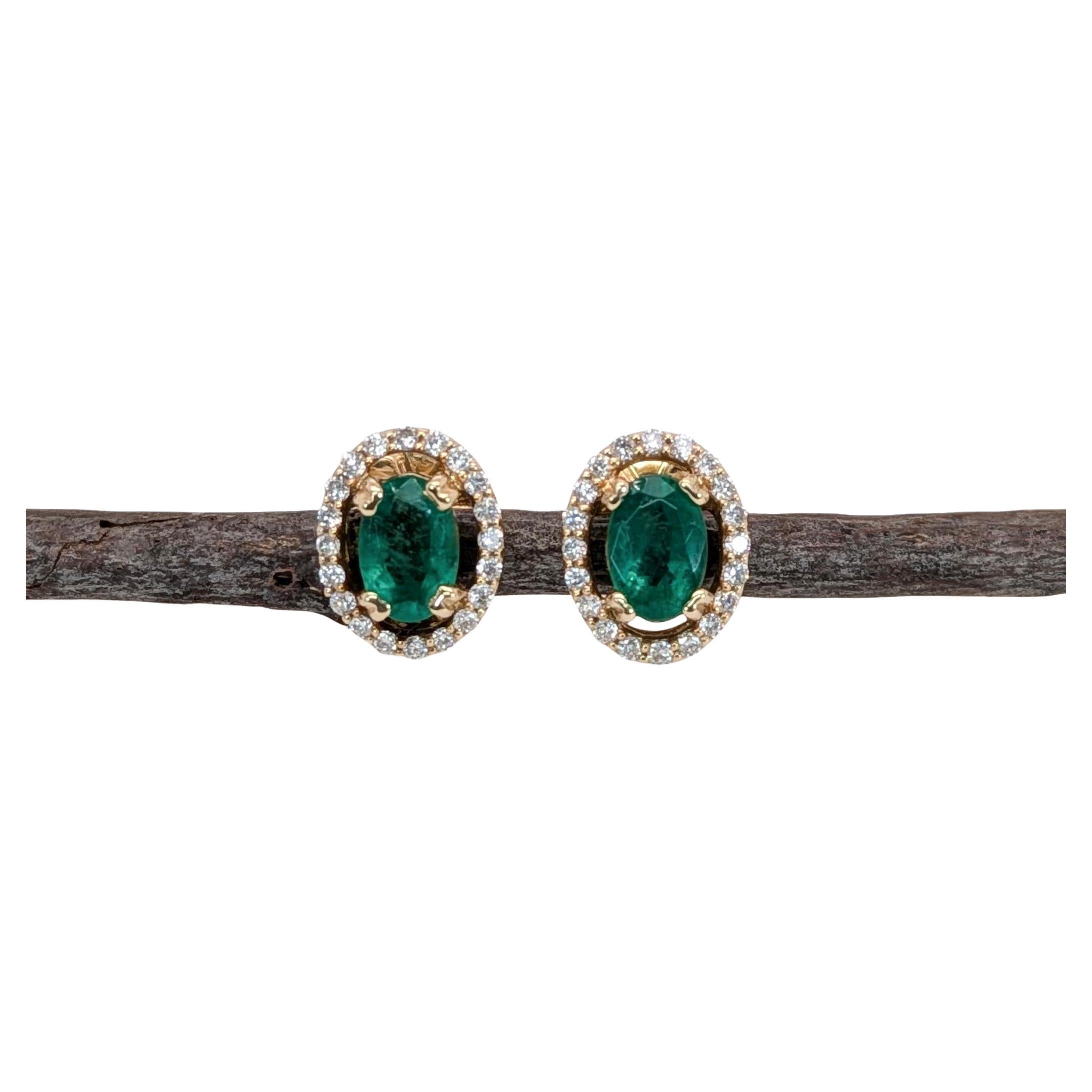 Emerald Stud Earrings w Natural Diamond Halo in Solid 14K Yellow Gold  OV 6x4mm