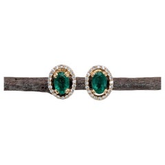 Pendientes de esmeralda con halo de diamantes naturales en oro amarillo macizo de 14 quilates  OV 6x4mm