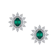 Emerald Stud Earrings with Detachable Pear Shaped Diamond Halo